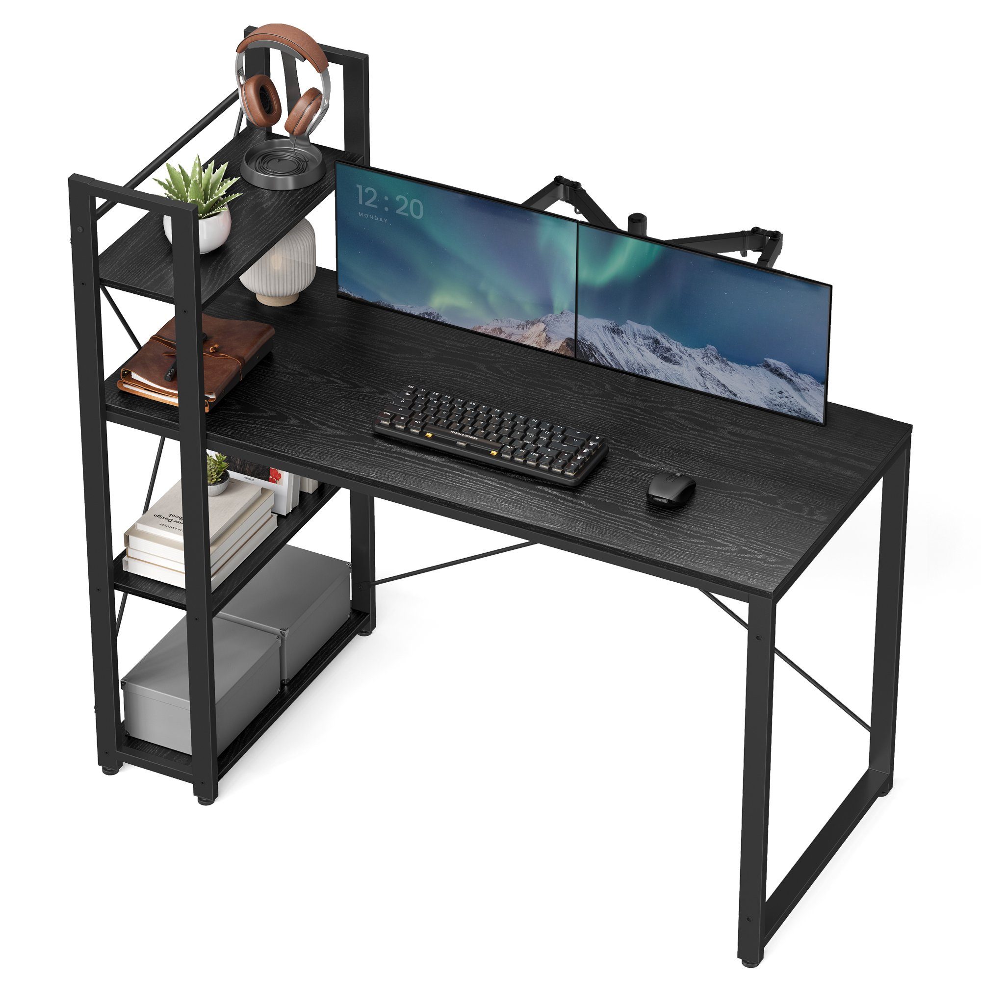 links schwarz 120cm oder Computertisch, Schreibtisch schwarz VASAGLE mit Regalböden rechts |