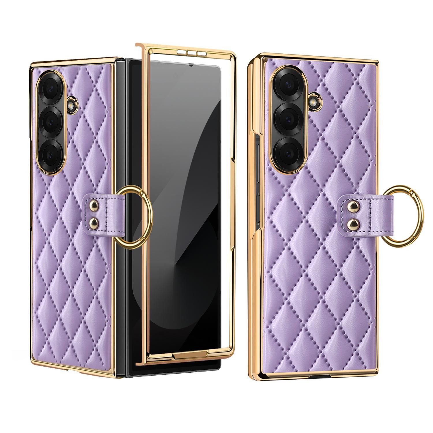 Wigento Handyhülle Für Samsung Galaxy Z Fold7 Diamant Design Metall Ringhalter Hülle Lila, Metallrahmen Hülle mit Ringhalter und Diamond-Optik