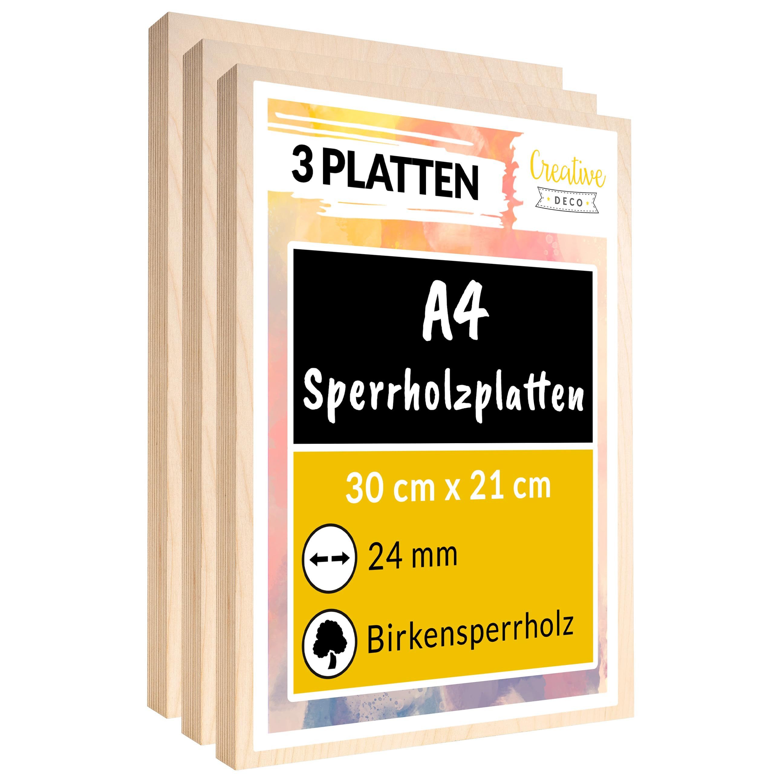 Creative Deco Bastelnaturmaterial A4 Sperrholzplatte 24mm 300 x 210 (0,5) mm Birke, (3-tlg)