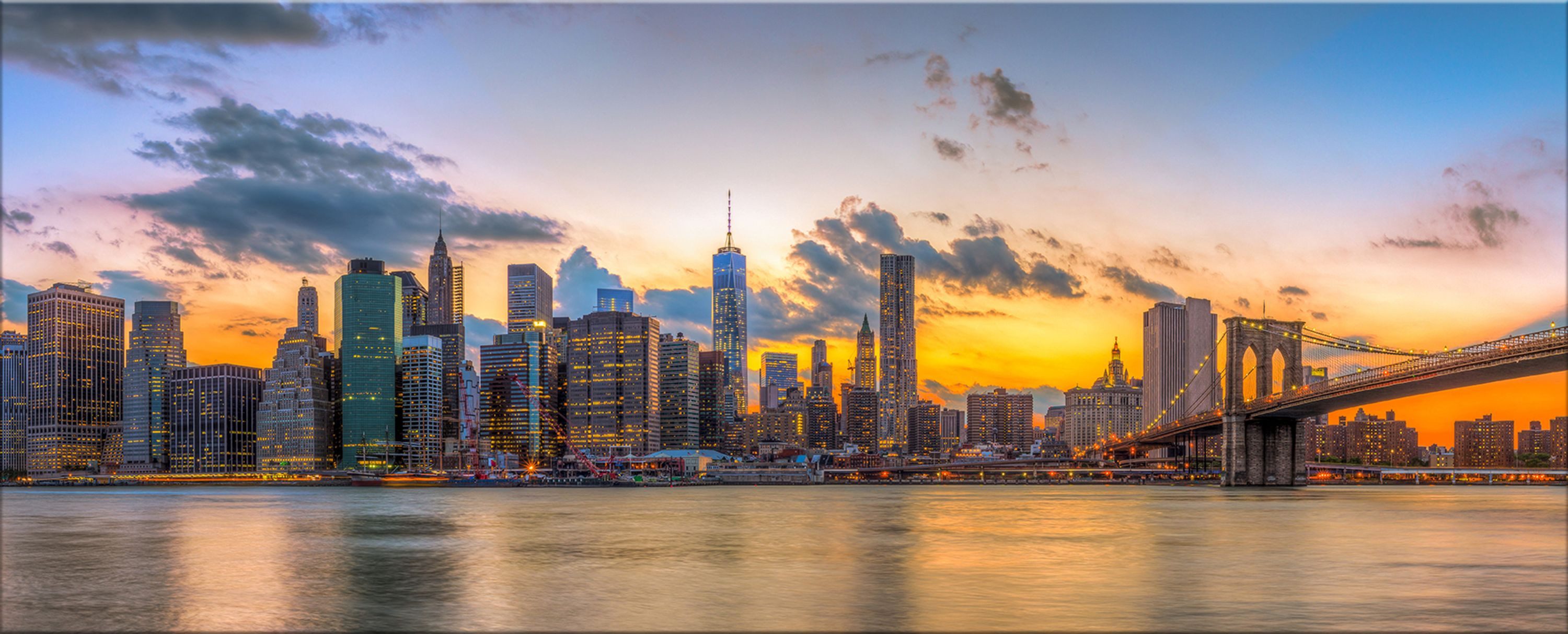 artissimo Glasbild XXL Bild aus Glas 125x50 cm / Panorama Wandbild groß / Wanddeko modern, Städte: New York Skyline bei Sonnenuntergang