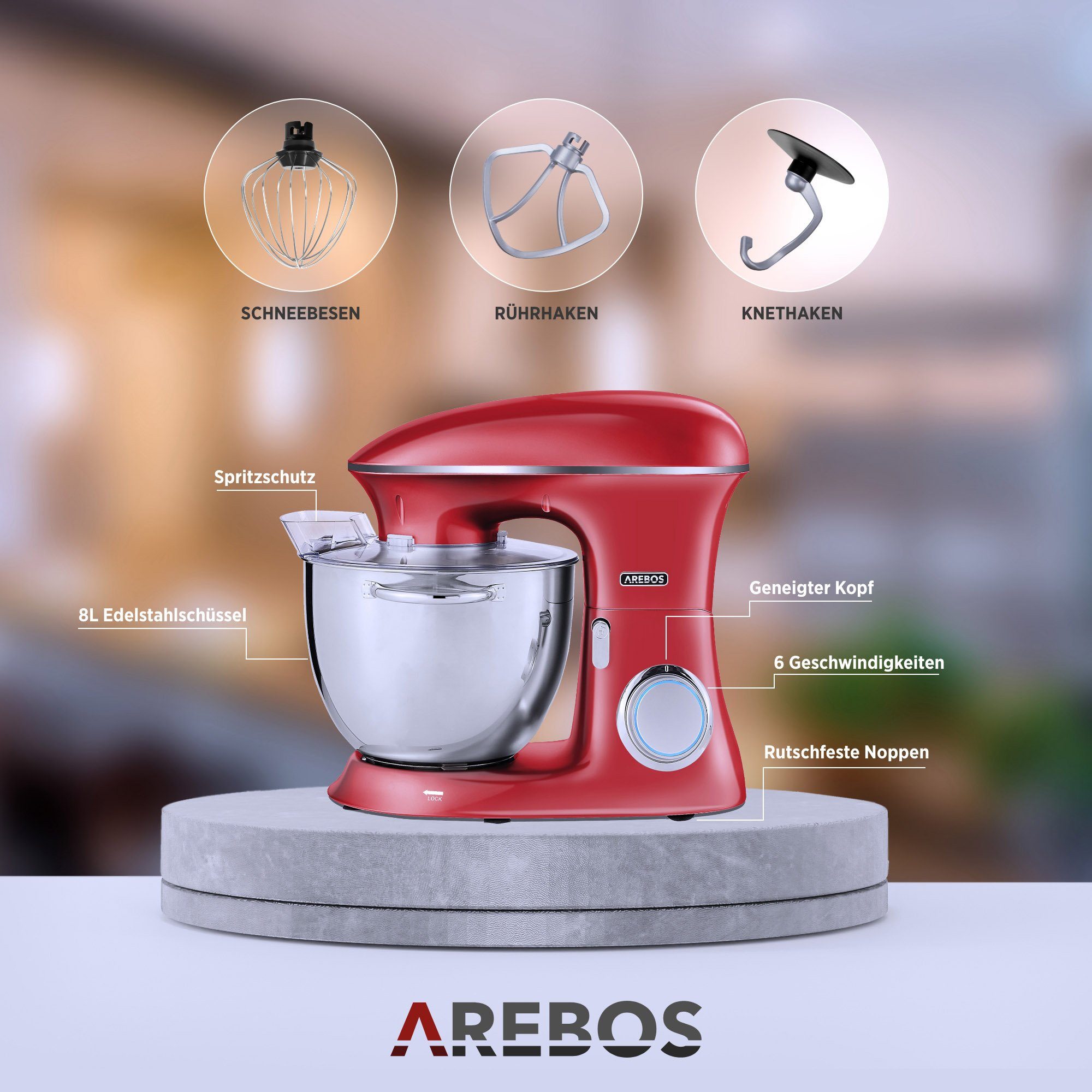 Arebos Küchenmaschine Edelstahl-Rührschüssel, rot W, Geschwindigkeiten, l 1500 8,00 Schüssel 6