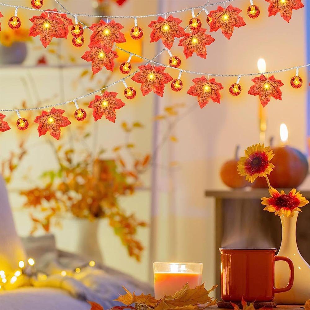 Herbst Halloween + Wasserdicht, batterie, Party, Ahornblatt Rosnek für Deko Kürbis LED-Lichterkette Thanksgiving Ahornblatt,