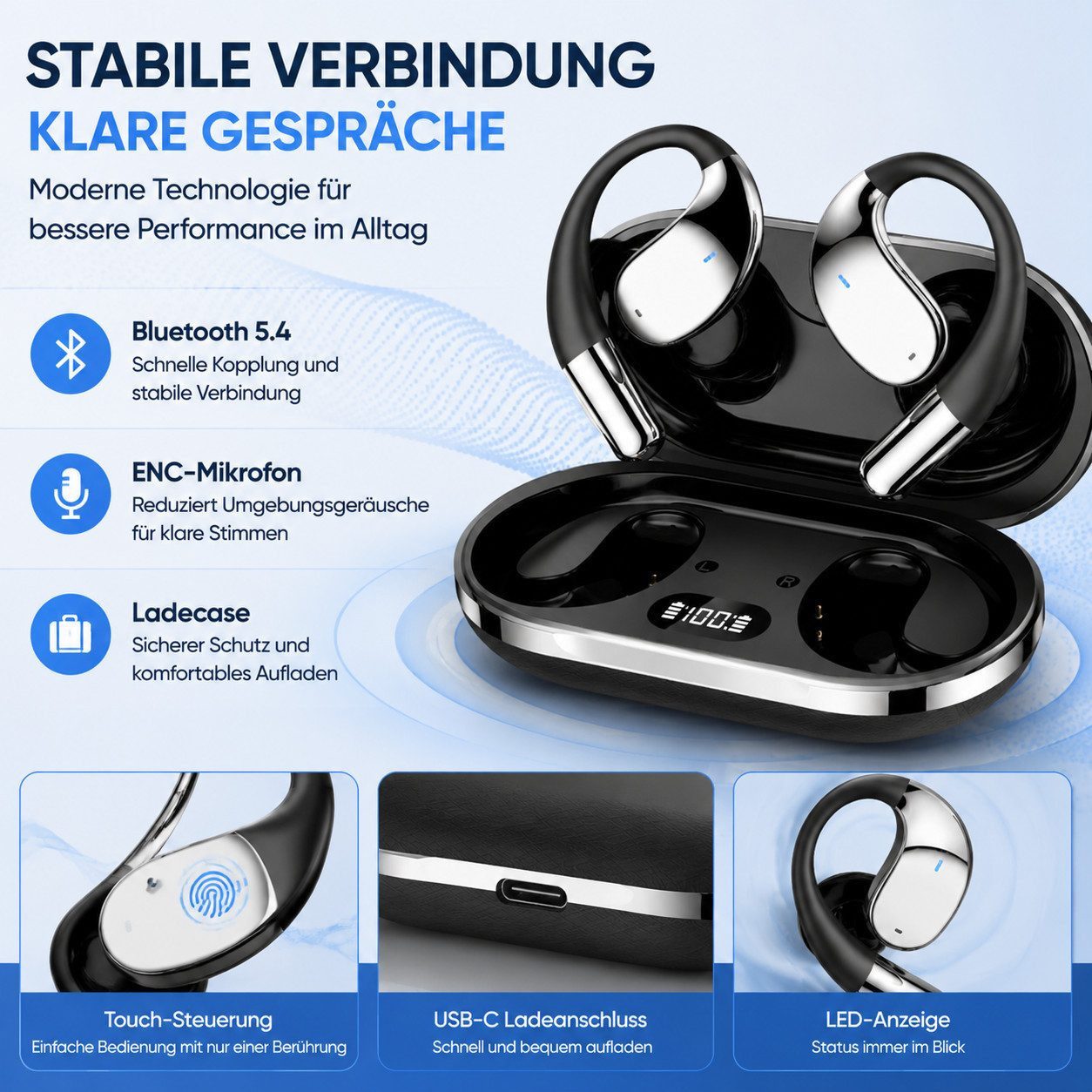 Fyrove KI-Übersetzer Bluetooth Kopfhörer mit Ohrbügel Open-Ear-Kopfhörer (Bluetooth 5.4 Sportkopfhörer, ENC Mikrofon, 3-in-1 für Übersetzen, Telefonieren & Musi – Bild 5 von 5