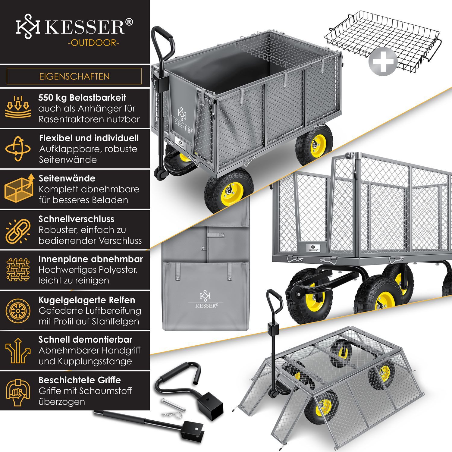 KESSER Bollerwagen, Bollerwagen 550kg Transportwagen Gartenwagen Gerätewagen
