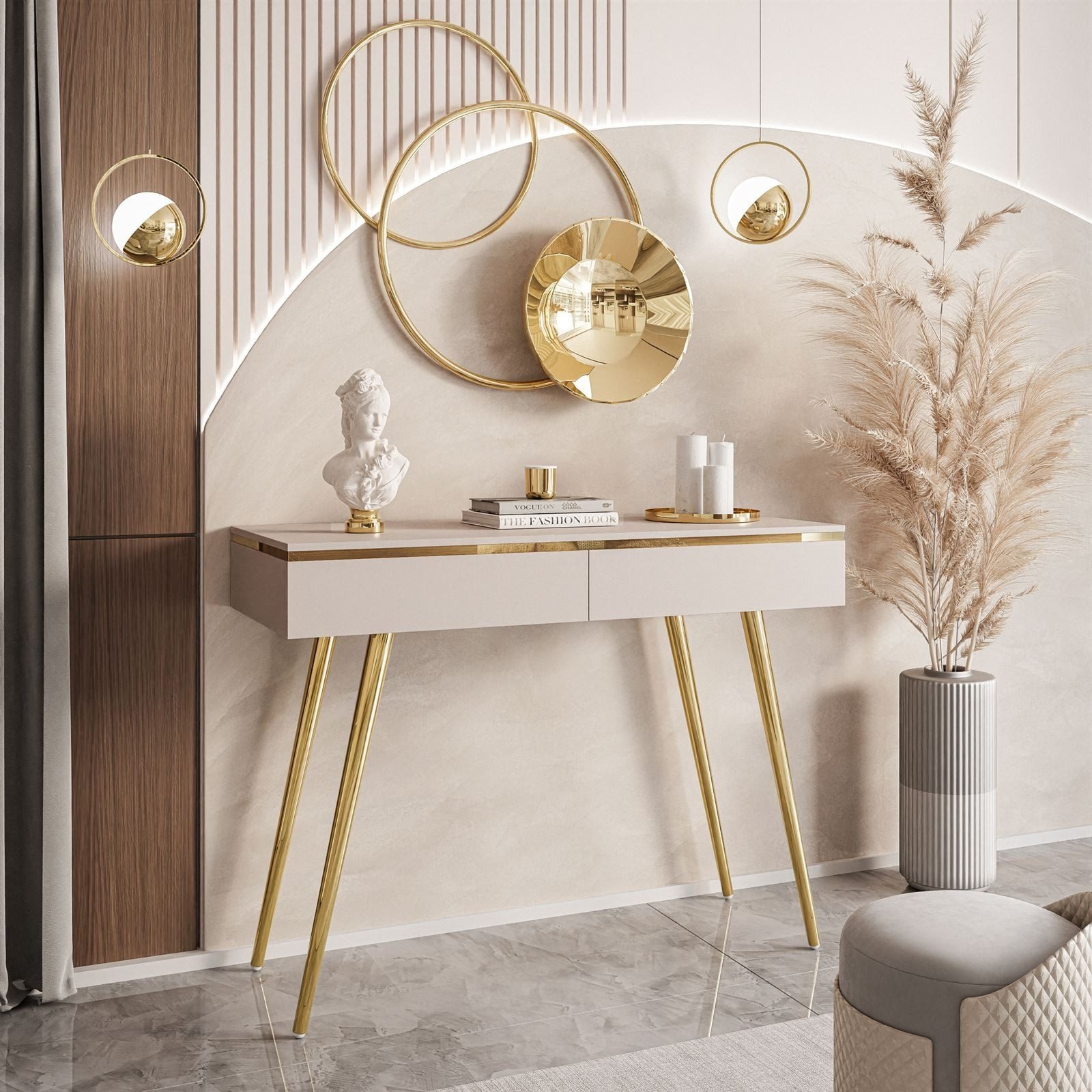 ALLHOUSE24 Konsolentisch LAURA V GOLD Kaschmir Goldchrom lange Metallbeine Konsole BERLIN