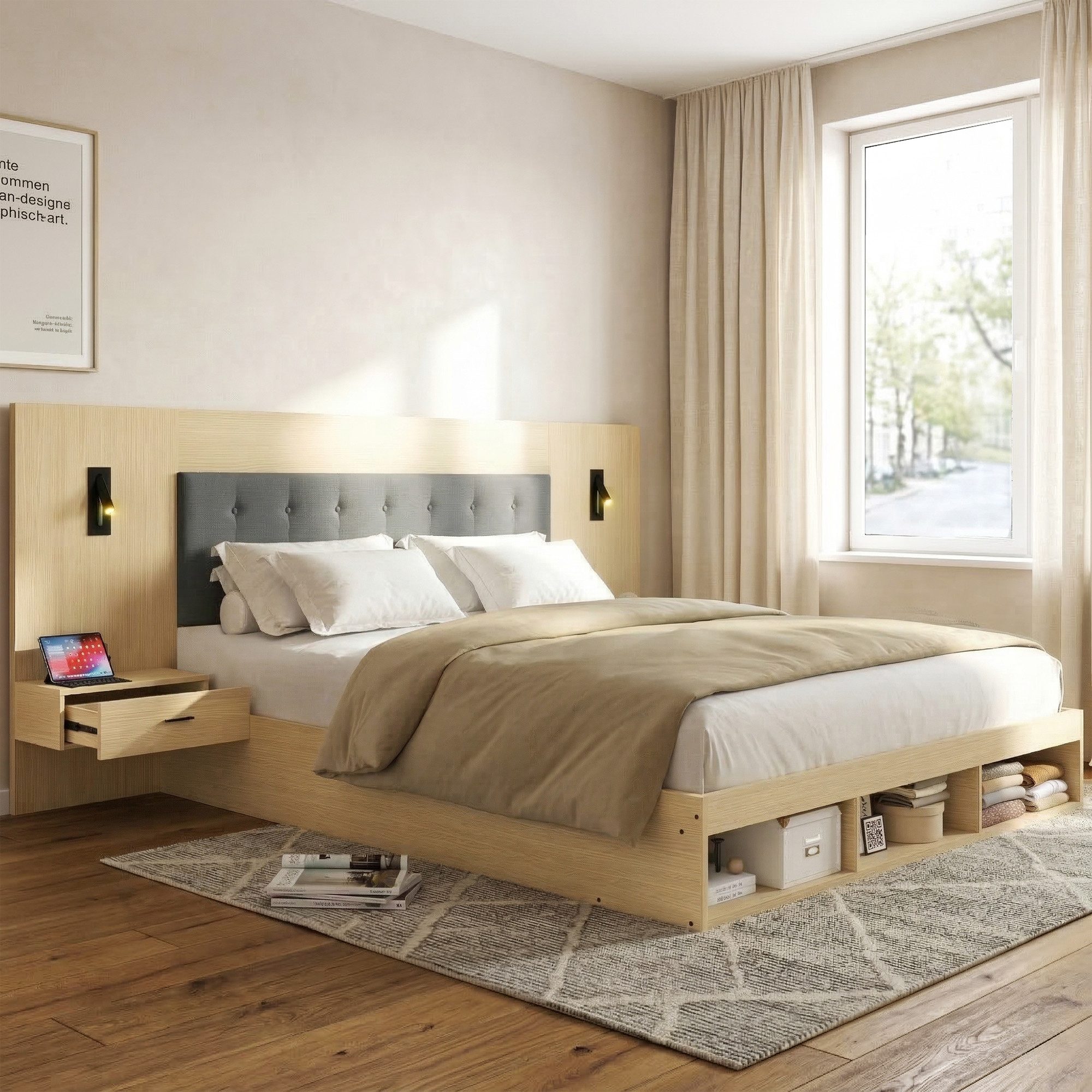 Flieks Holzbett, Stauraumbett 180x200cm mit 2 Nachttische, Aufladen und Leselampe