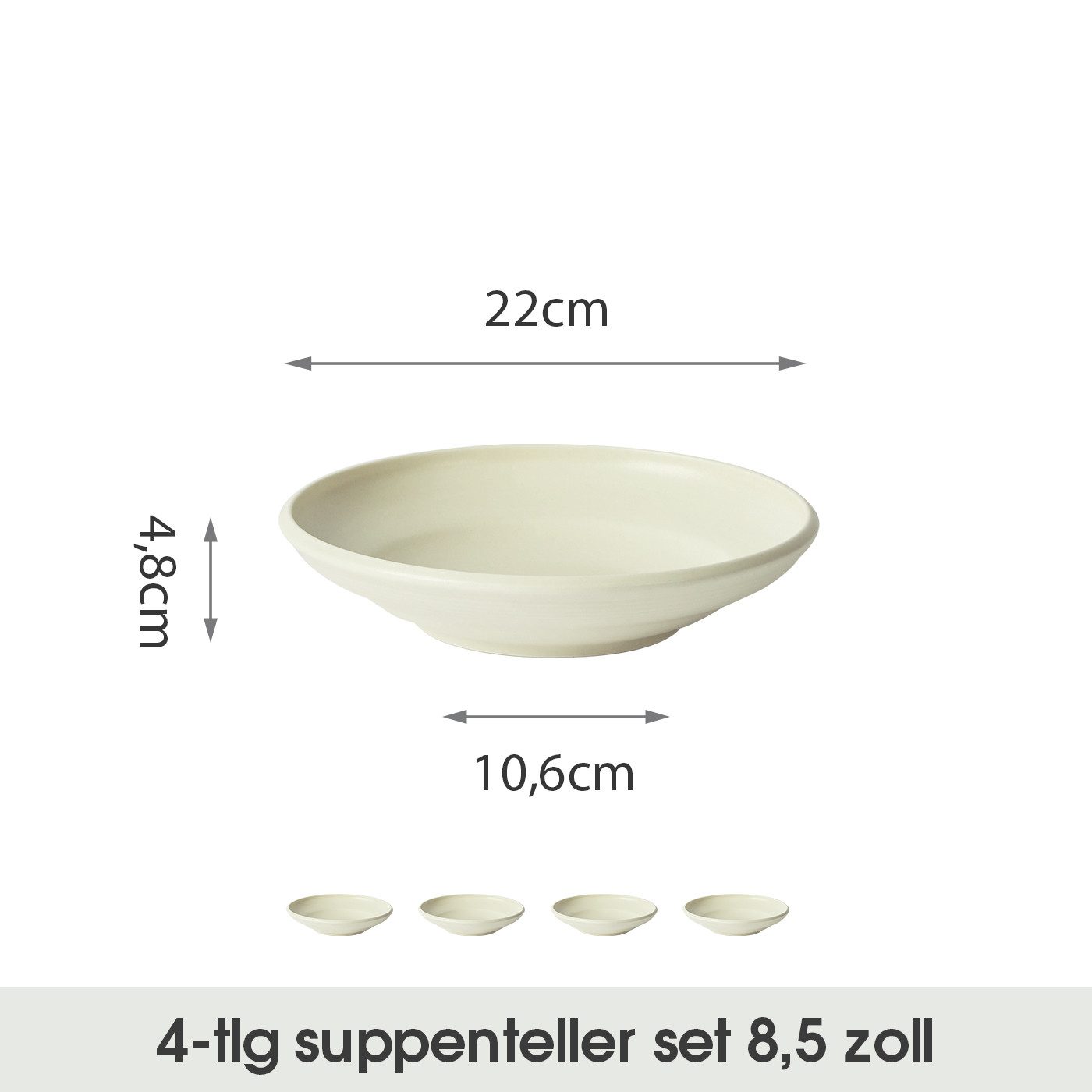 JIWOO Suppenteller 4er Ø22cm, Speiseteller Pastateller Salatteller Dessertteller Plate, (4 St), Keramik Tellerset Weiß mikrowellen- und spülmaschinenfest Ø21,2 cm