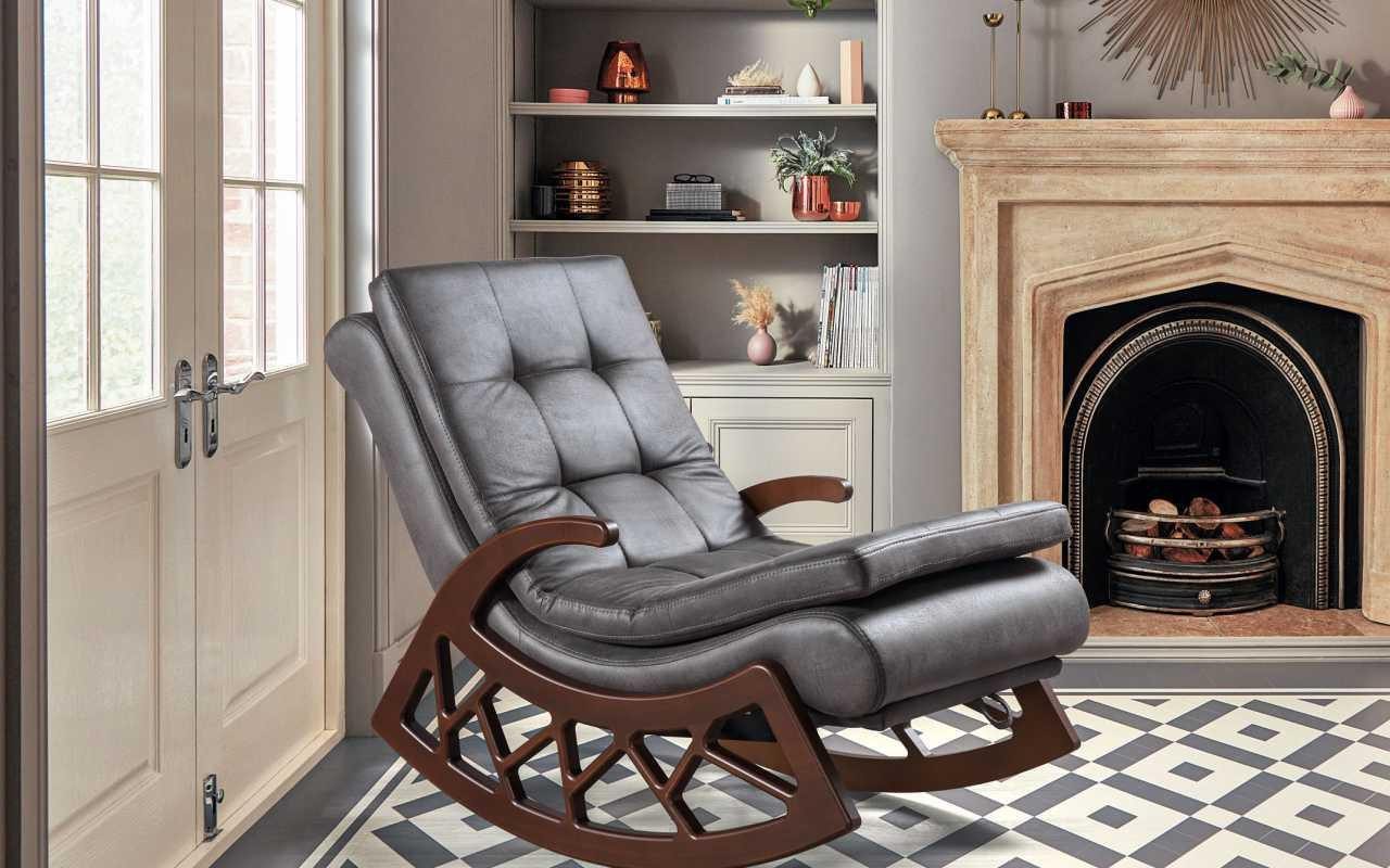 JVmoebel Schaukelstuhl Exklusiver Grauer Schaukelstuhl Wohnzimmer Relax Möbel Holzgestell (1 St), Made in Europa