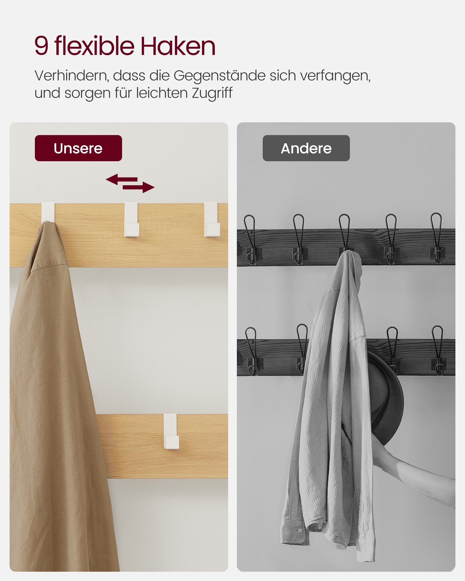 Garderobenständer Eichenfarben-Weiß Spiegel, mit VASAGLE Sitzfläche Garderobe, Schuhregal