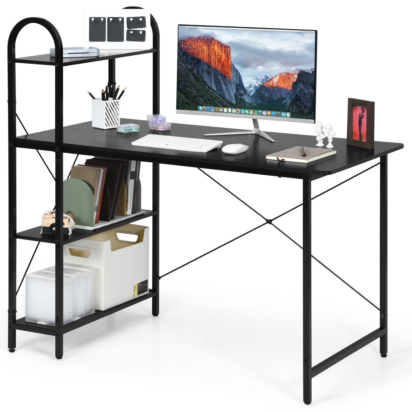 COSTWAY Computertisch, Schreibtisch mit erstellbaren Füßen, Ablagen & Regal Schwarz
