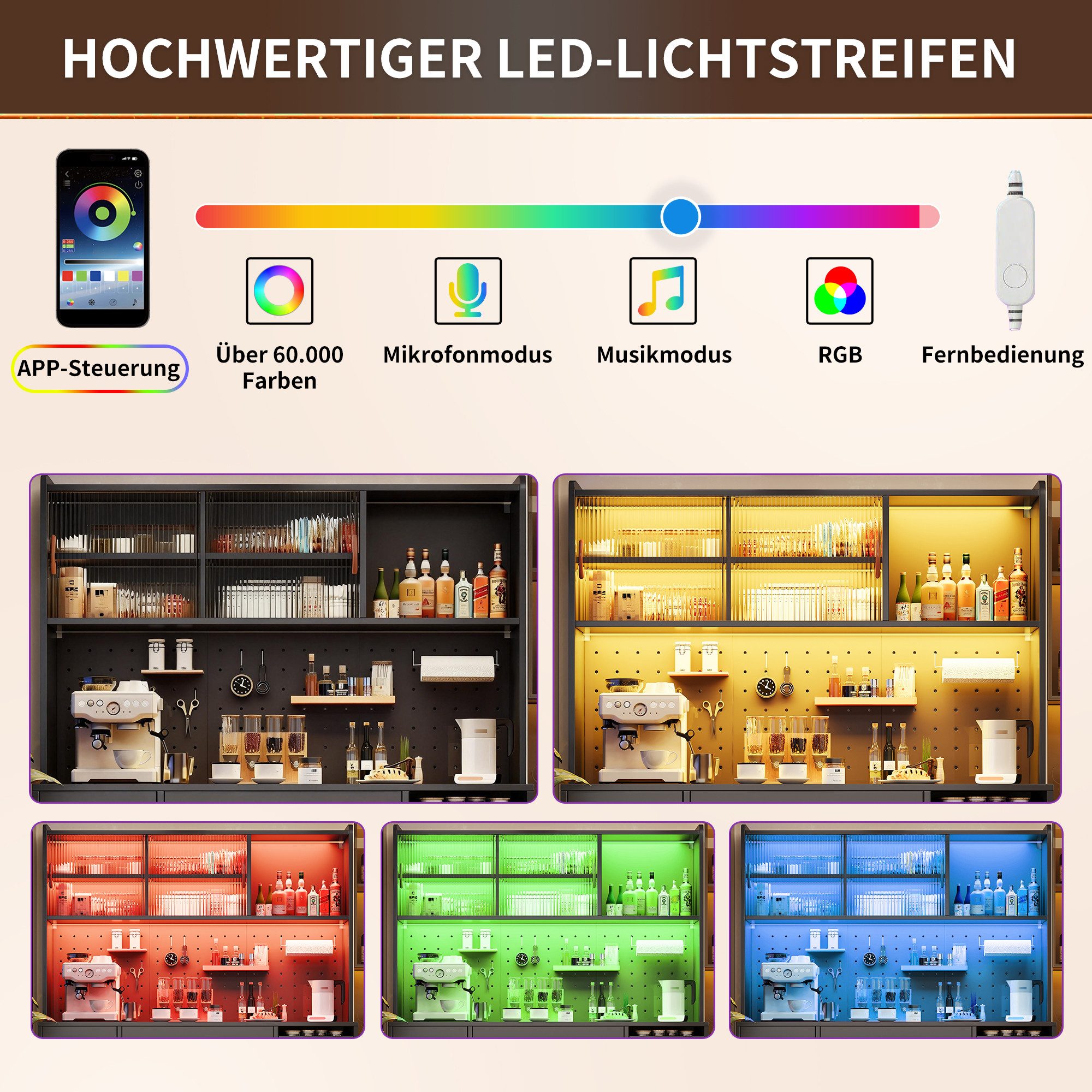 Odikalo Küchenbuffet Küchenschrank Buffetschrank mit LED & großer Stauraum (mit LED-Beleuchtung,Hochschrank für Küche & Wohnzimmer, Aufbewahrungsschrank mit Loc – Bild 5 von 5