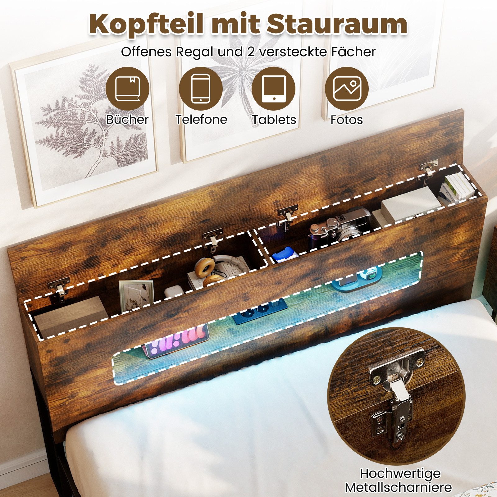 COSTWAY Bettgestell (1-tlg), Plattformbett, mit LED & Stauraum-Kopfteil & Steckdosen