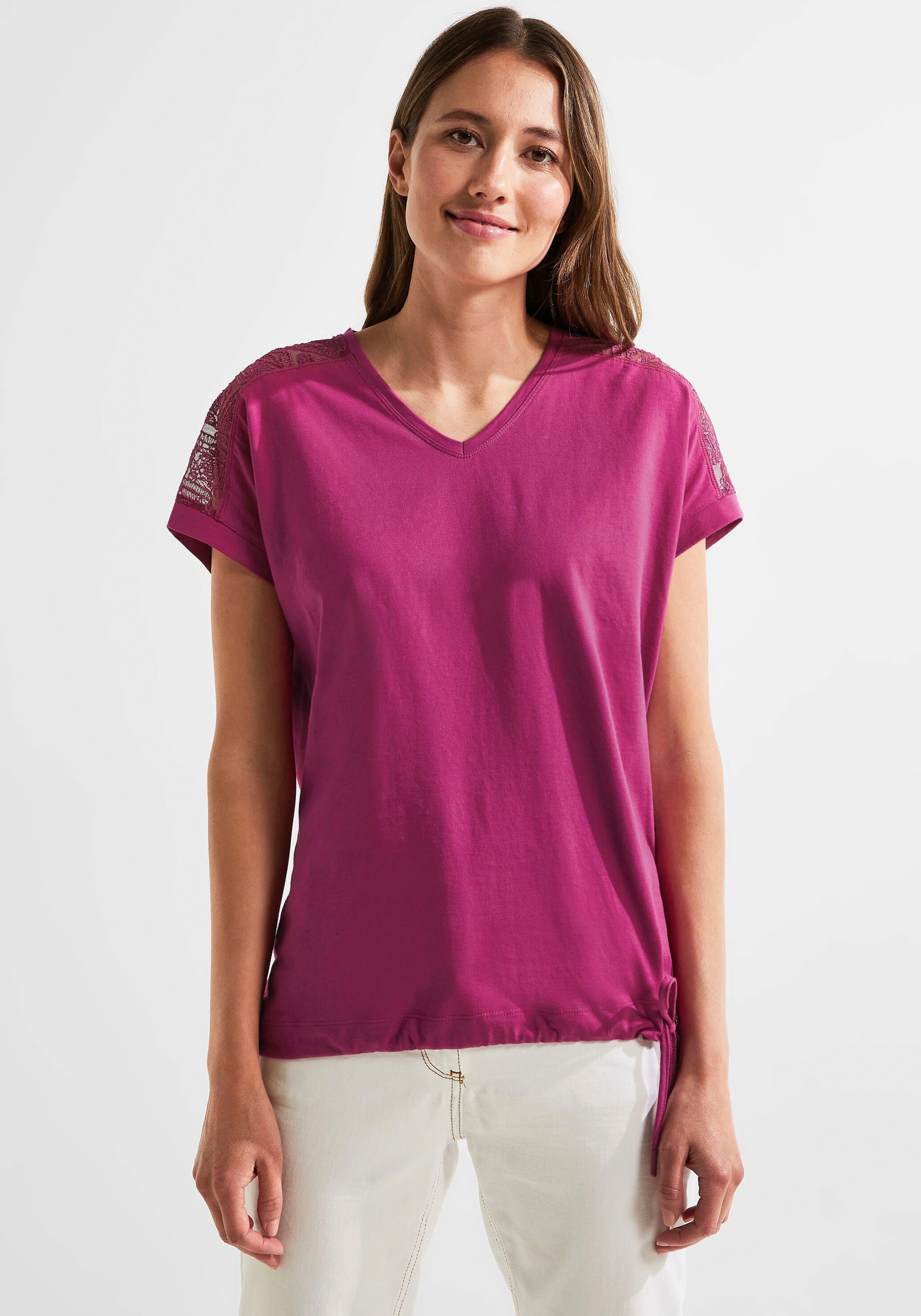 Cecil T-Shirt mit leicht V -Ausschnitt pink abgerundetem cool