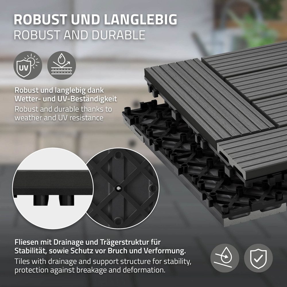 ECD Germany Terrassendielen WPC Bodenplatte Terrassenfliesen Fliesen mit Drainage und Klicksystem, BxL: je 30x30 cm, 22 mm Stärke, Bodenbelag 1m²/11 Stück Anthrazit rutschfest Balkonfliesen