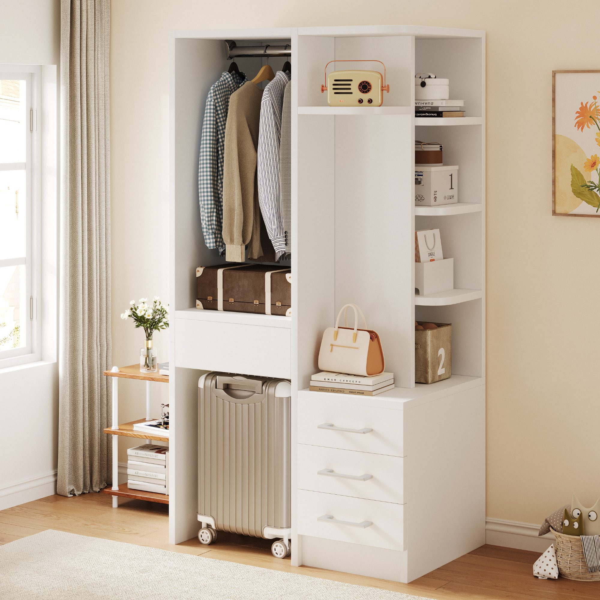 i@home Kinderkleiderschrank Multifunktions-Kleiderschrank, Kleiderschrank, Offener, 70×45×135cm mehrstufige Einlegeböden,Bereich Zum Aufhängen,drei Schubladen,Weiß