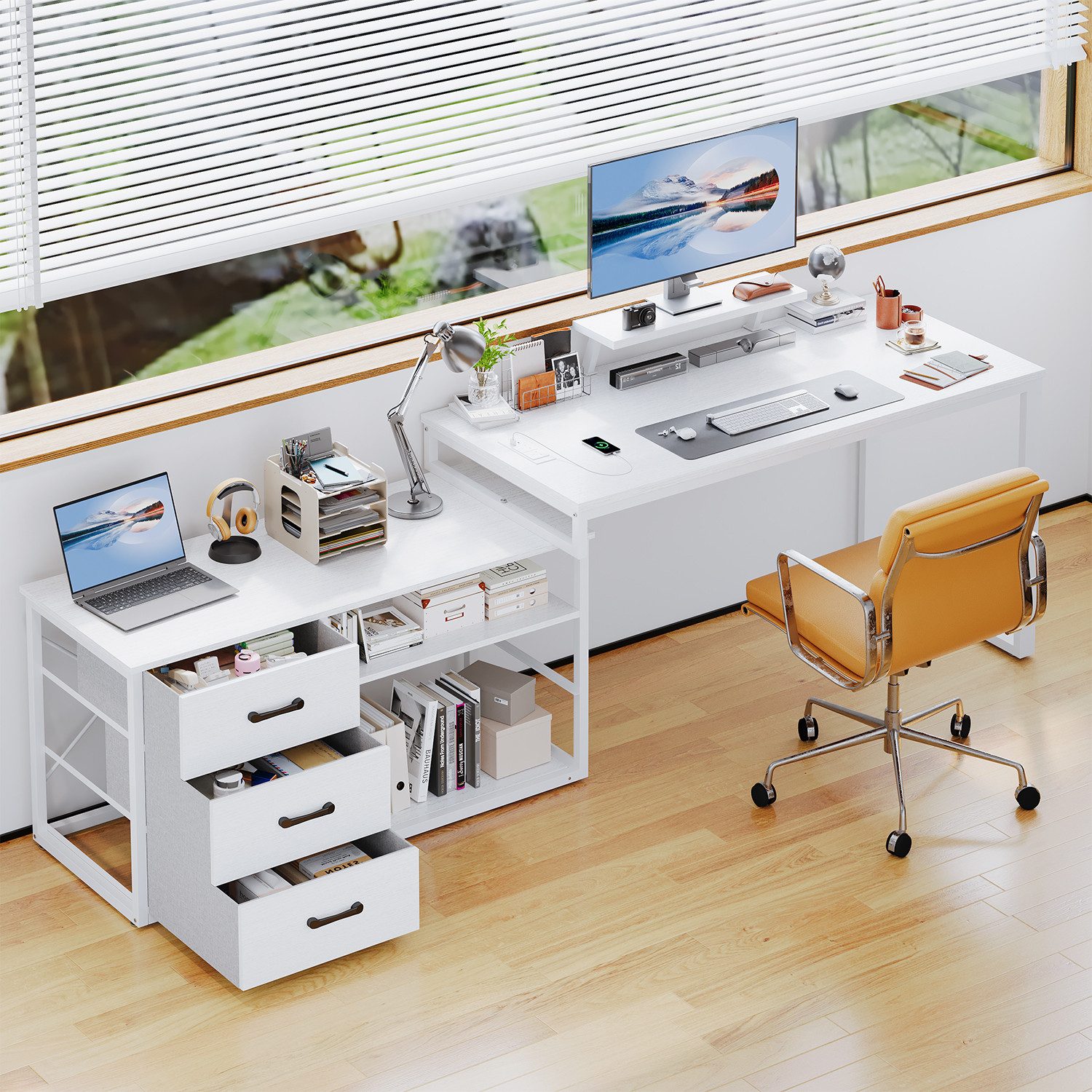 Furnicopia Eckschreibtisch 140cm mit Monitorarm, Computertisch mit drehbarer Tischplatte (Flexibel und schwenkbar, mit Steckdosen (2 Steckdosen + 2 USB-Anschlüs – Bild 3 von 5