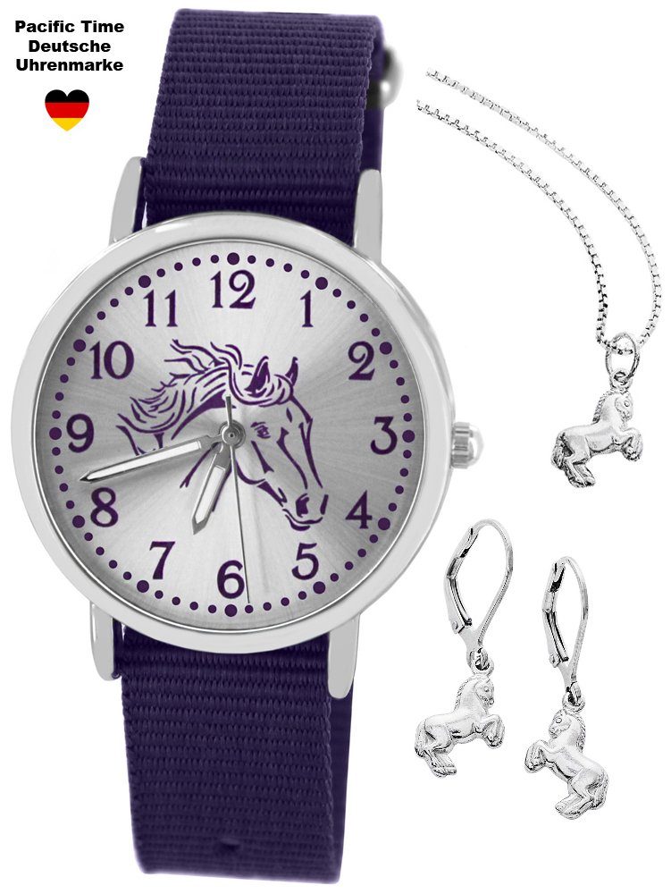 Pacific Time Quarzuhr »Mädchen Armbanduhr Pferd violett Leuchtzeiger  Wechselarmband violett 10342«, (Uhr mit Schmuckset), + Schmuckset Pferd  925er Silber Kette mit Anhänger und Ohrringe online kaufen | OTTO
