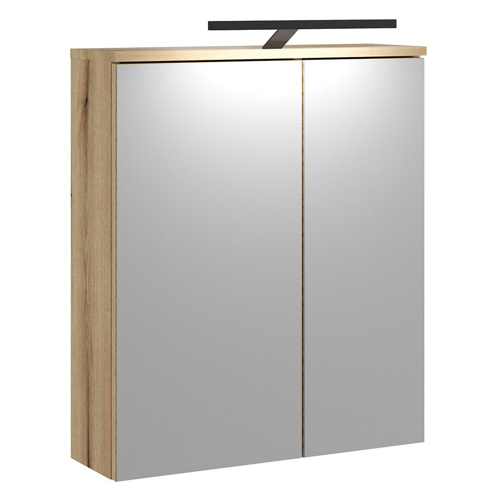 Lomadox Spiegelschrank OLEAN-61 Eiche Dekor 2-türig 60 cm breit LED Beleuchtung schwarz