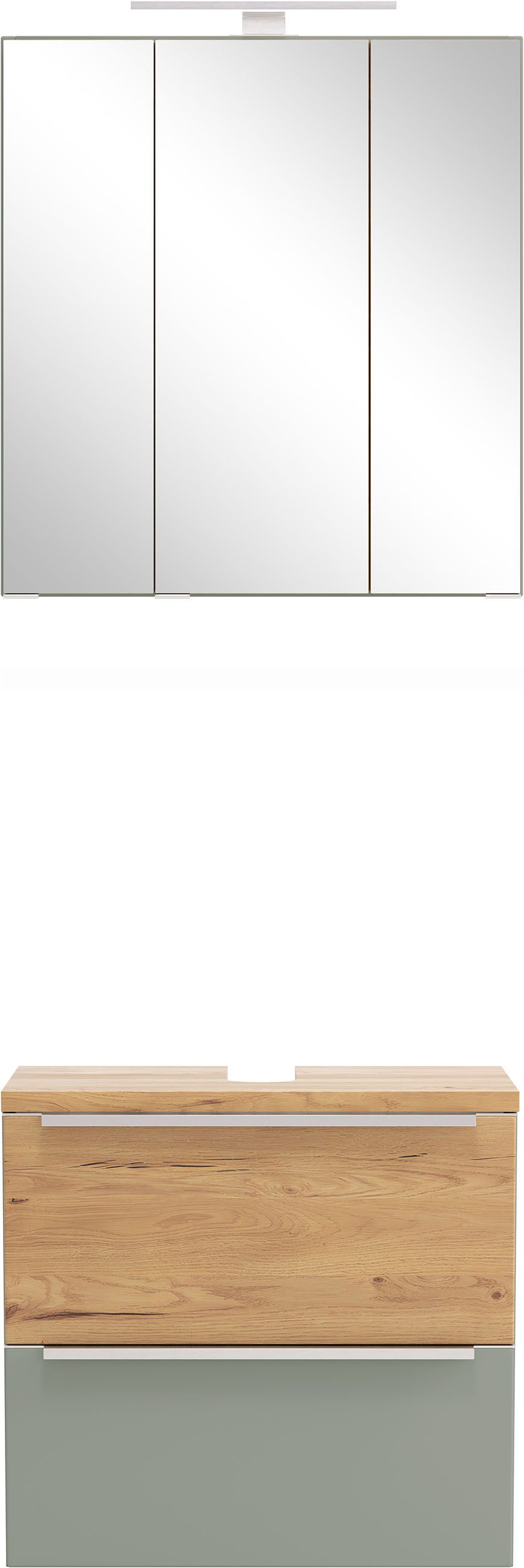 welltime Badmöbel-Set TRIENT, Set: Spiegelschrank und Unterbeckenschrank, (2-St., Maße (B/H/T): ca. 60/200/35 cm), schilfgrün/wildeiche, LED-Aufbauleuchte, 2tlg. Unterbecken-Set