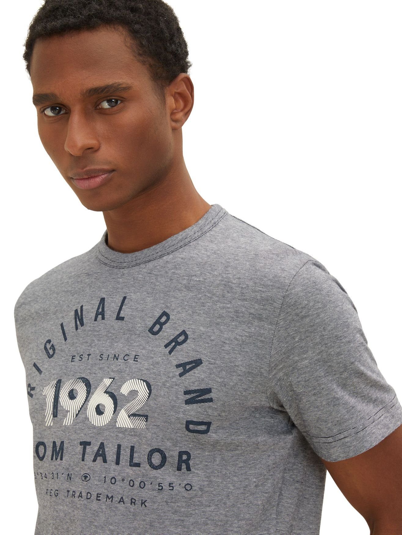 T-Shirt mit (1-tlg) Shirt Grau T-Shirt Bedrucktes TOM Print TAILOR Gestreiftes 5572 Rundhals in
