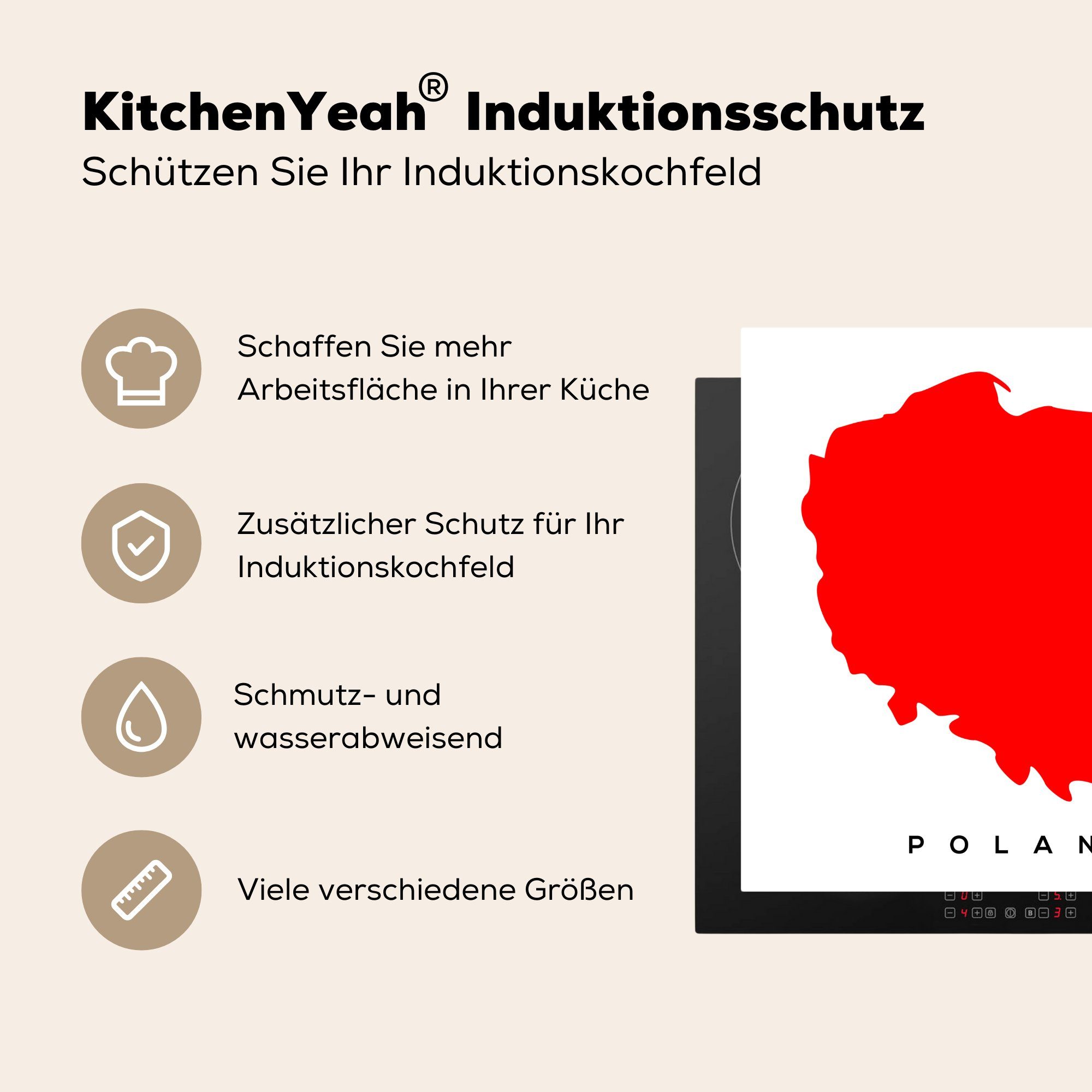 MuchoWow Arbeitsplatte Polen küche von (1 Vinyl, Illustration tlg), Herdblende-/Abdeckplatte für Rot, 78x78 in Ceranfeldabdeckung, cm,