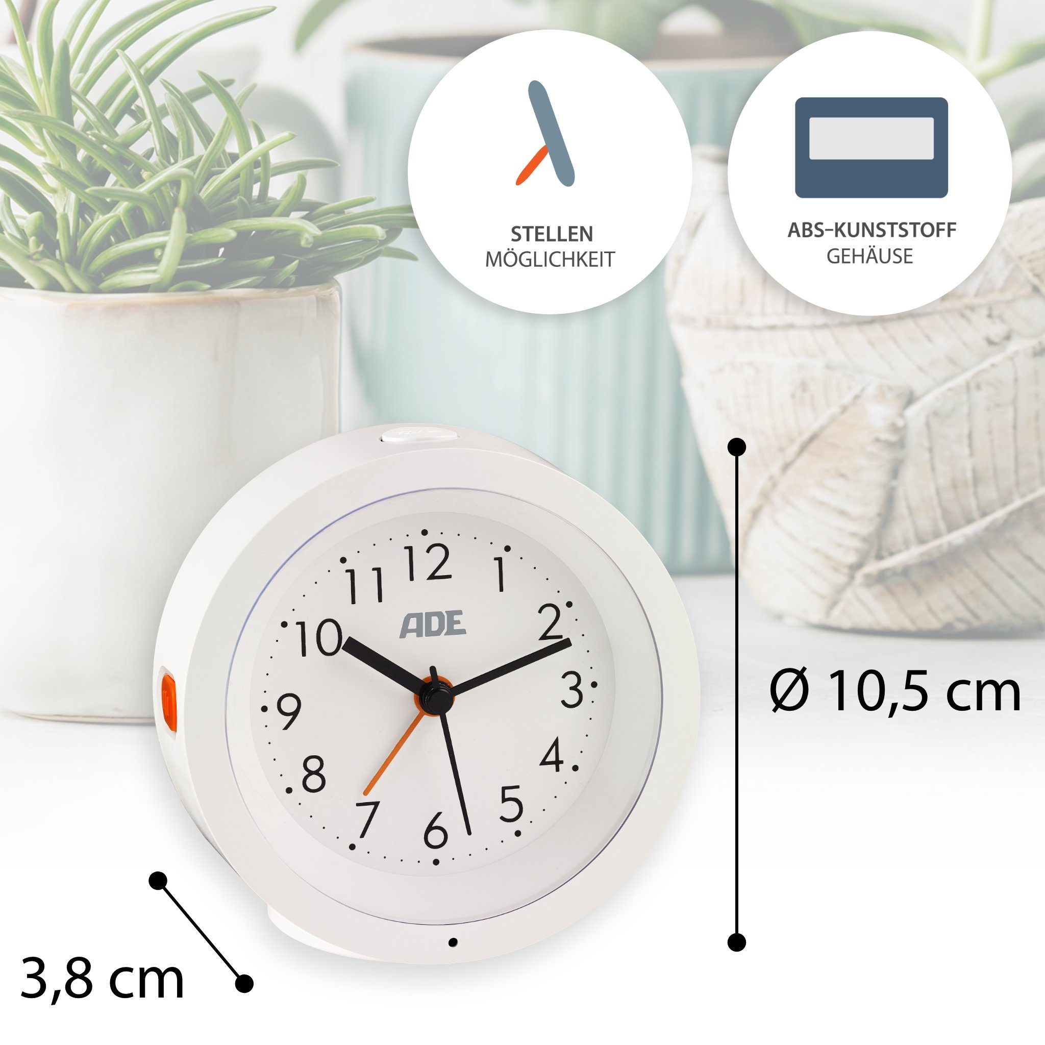 ADE Wecker Analoger Wecker ohne Ticken, geräuschlos mit automatischem Nachtlichtsensor, perfekt als Reisewecker