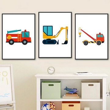 TPFLiving Kunstdruck (OHNE RAHMEN) Poster - Leinwand - Wandbild, Traktor, Lastwagen, Bagger, Kran für Kinderzimmer - (Mädchenzimmer, Babyzimmer, Jungenzimmer, Kindergarten), Farben: rot, grün, blau, gelb - Größe: 10x15cm