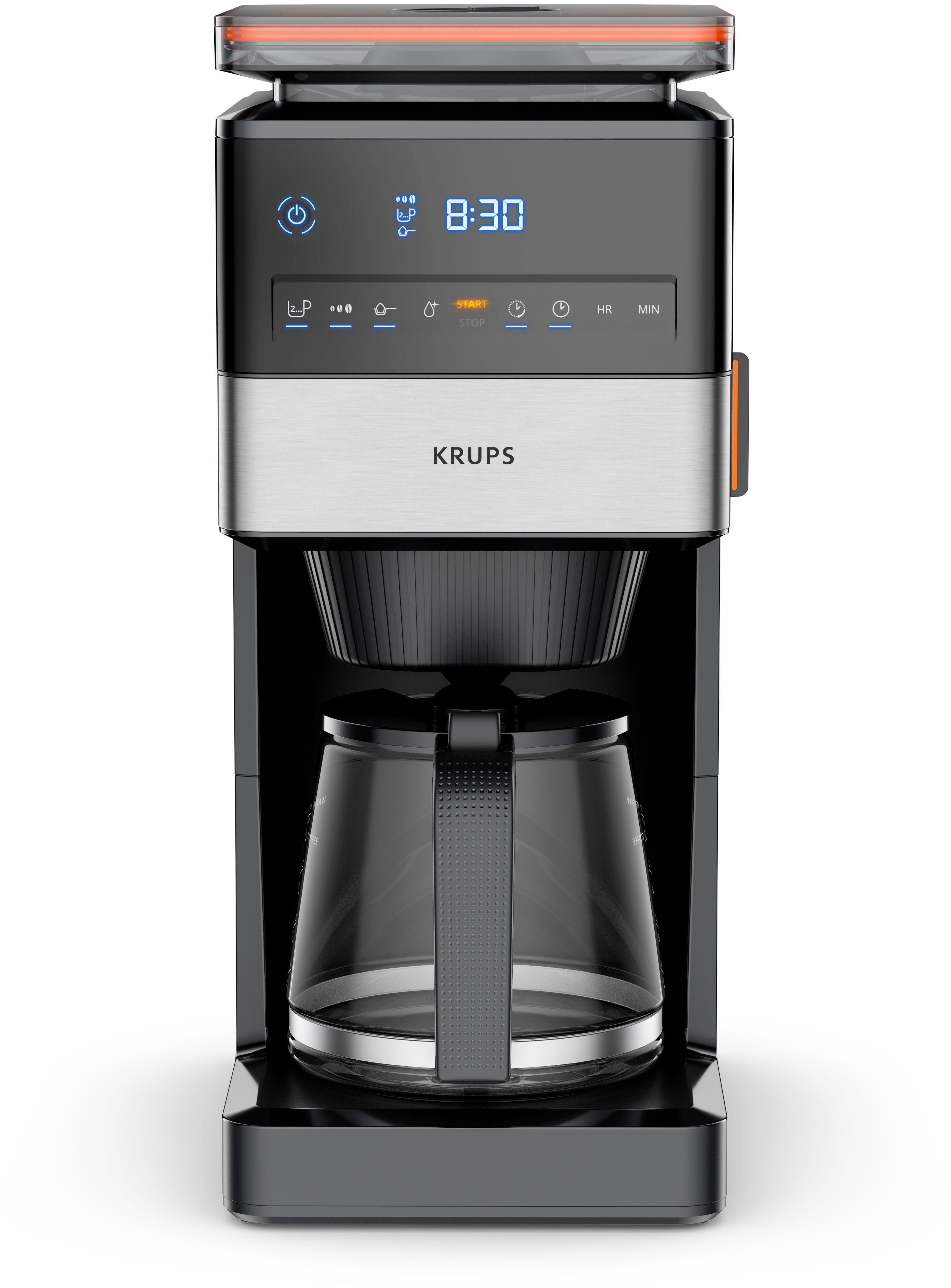 Krups Filterkaffeemaschine KM8428 Grind Aroma XL, 1,5l Kaffeekanne, Permanentfilter, Papierfilter 1x4, Kegelmahlwerk, digitales Bedienfeld, 1,5 l, 2 h Warmhaltefunktion