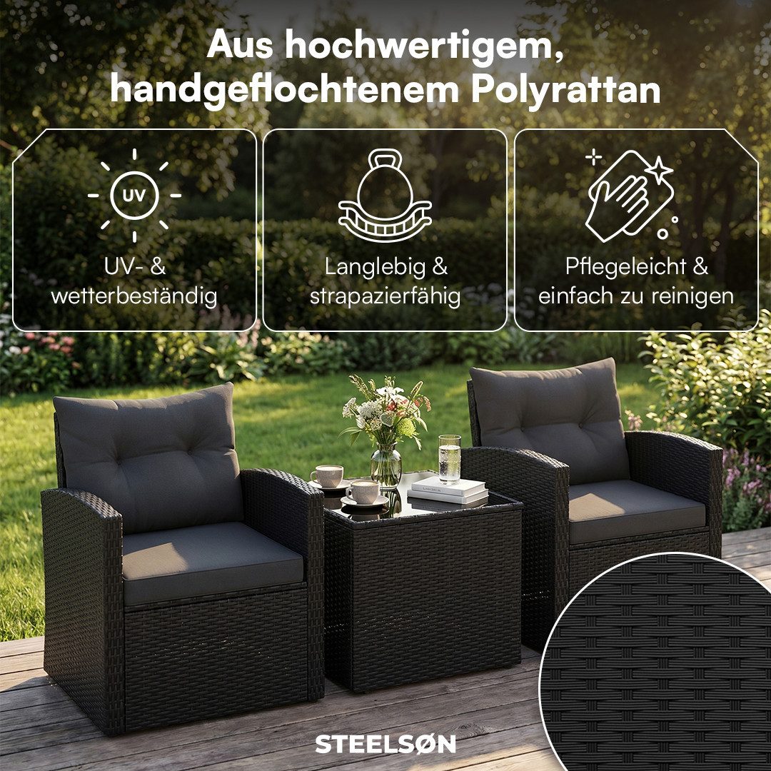 STEELSØN Sitzgruppe Selaria, Sitzgarnitur wetterfest inkl. Sitzkissen, (2-tlg., Schwarz), Gartenlounge mit 2 Stühlen & Tisch