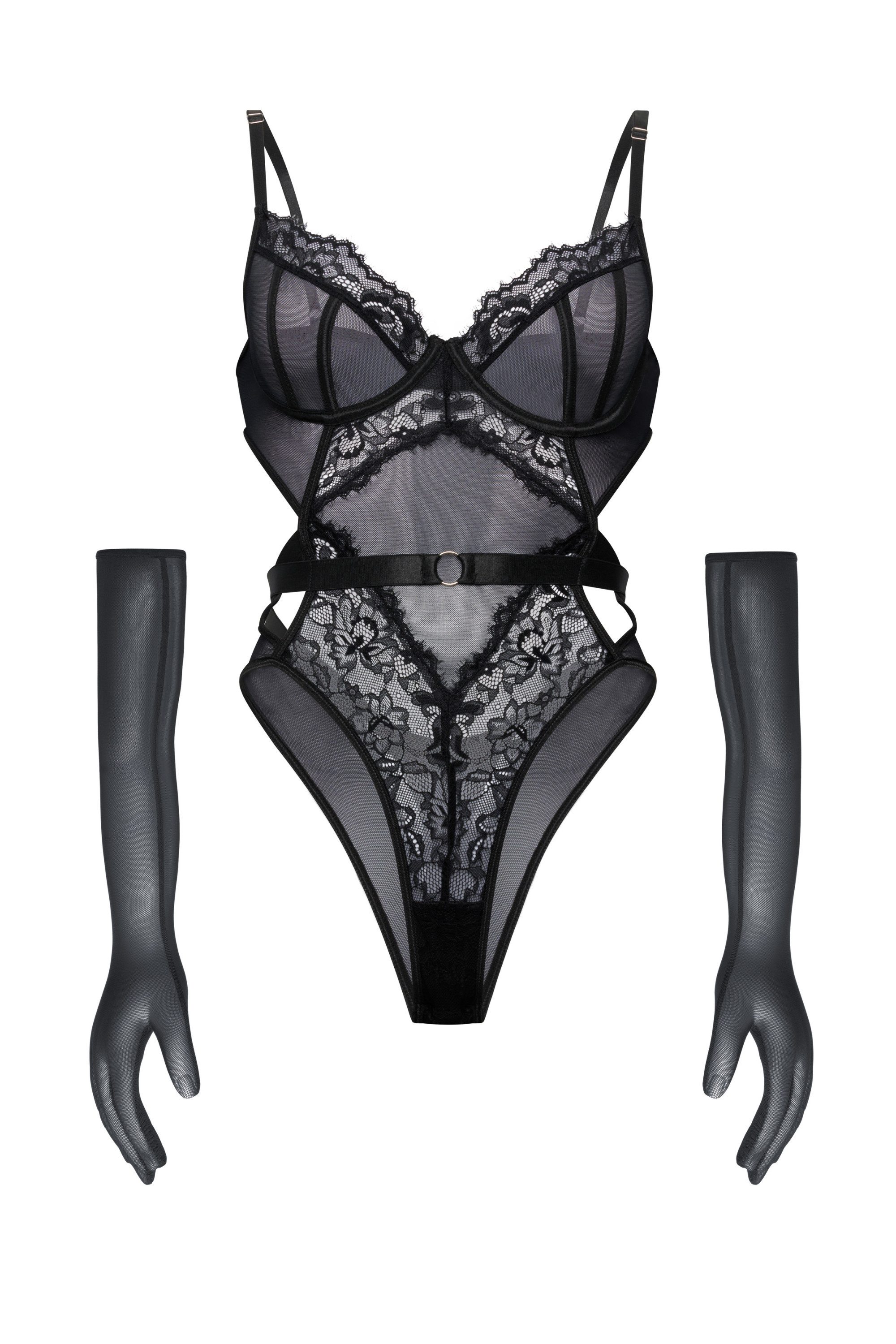 Elegant Love Body Lingerie-Bodysuit mit Bügelcups und floraler Spitze im Cut-Out-Design (Set, 3-tlg., Teddy-Body, Handschuhen) Dessous-Set für besondere Momente – Damenwäsche mit eleganten Details