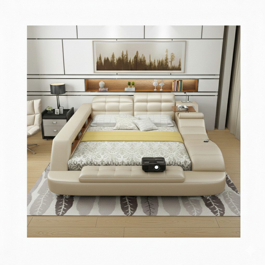 JVmoebel Multimediabett Multifunktionales Bett Moderner Stil Beigefarben Holzrahmen Weich (2-tlg)