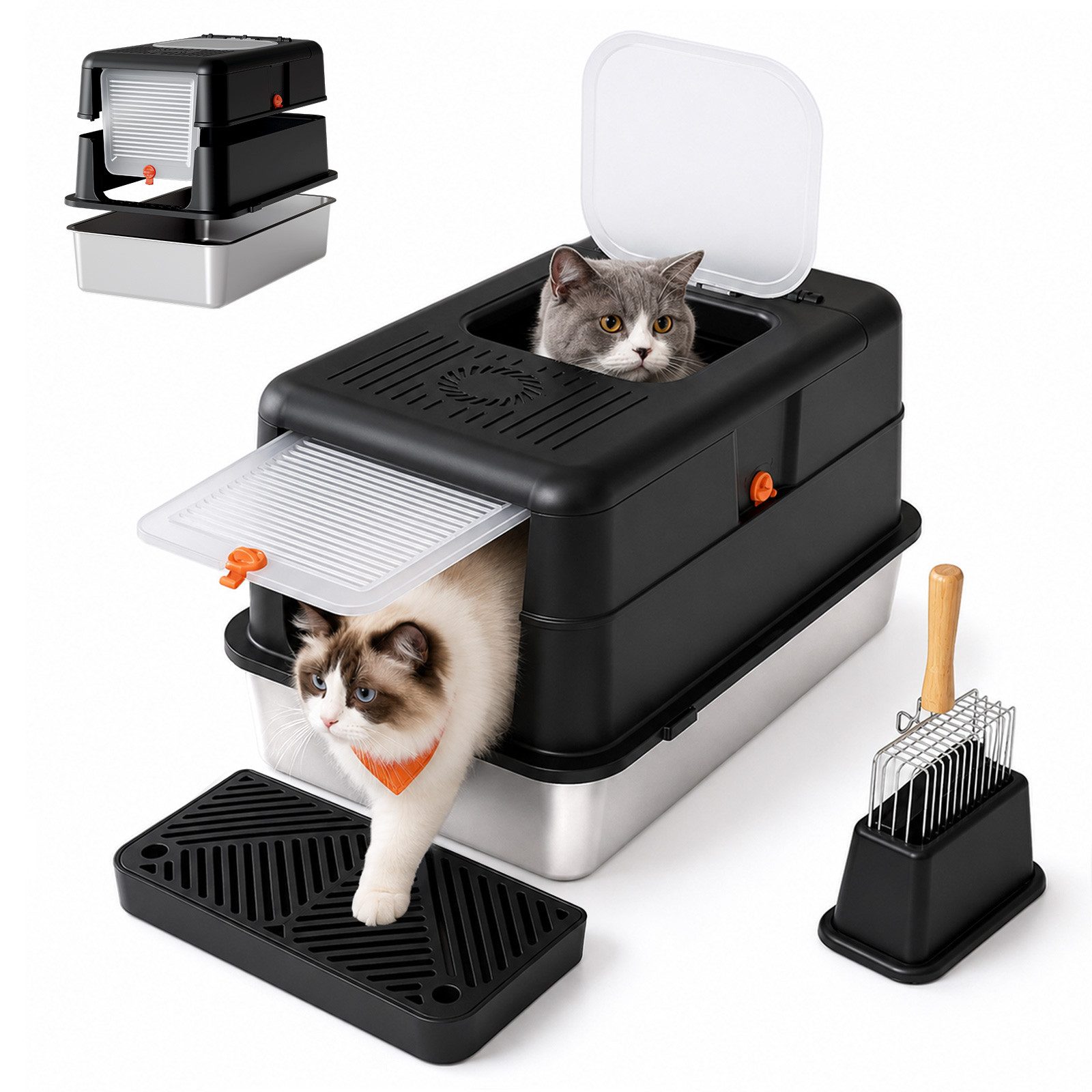 Dogat Katzentoilette Katzenklo Edelstahl Katzentoilette mit Streumatte, Schaufel, Bürste, XXL 58x37x39cm mit Deckel Anti-Geruch & Anti-Leck