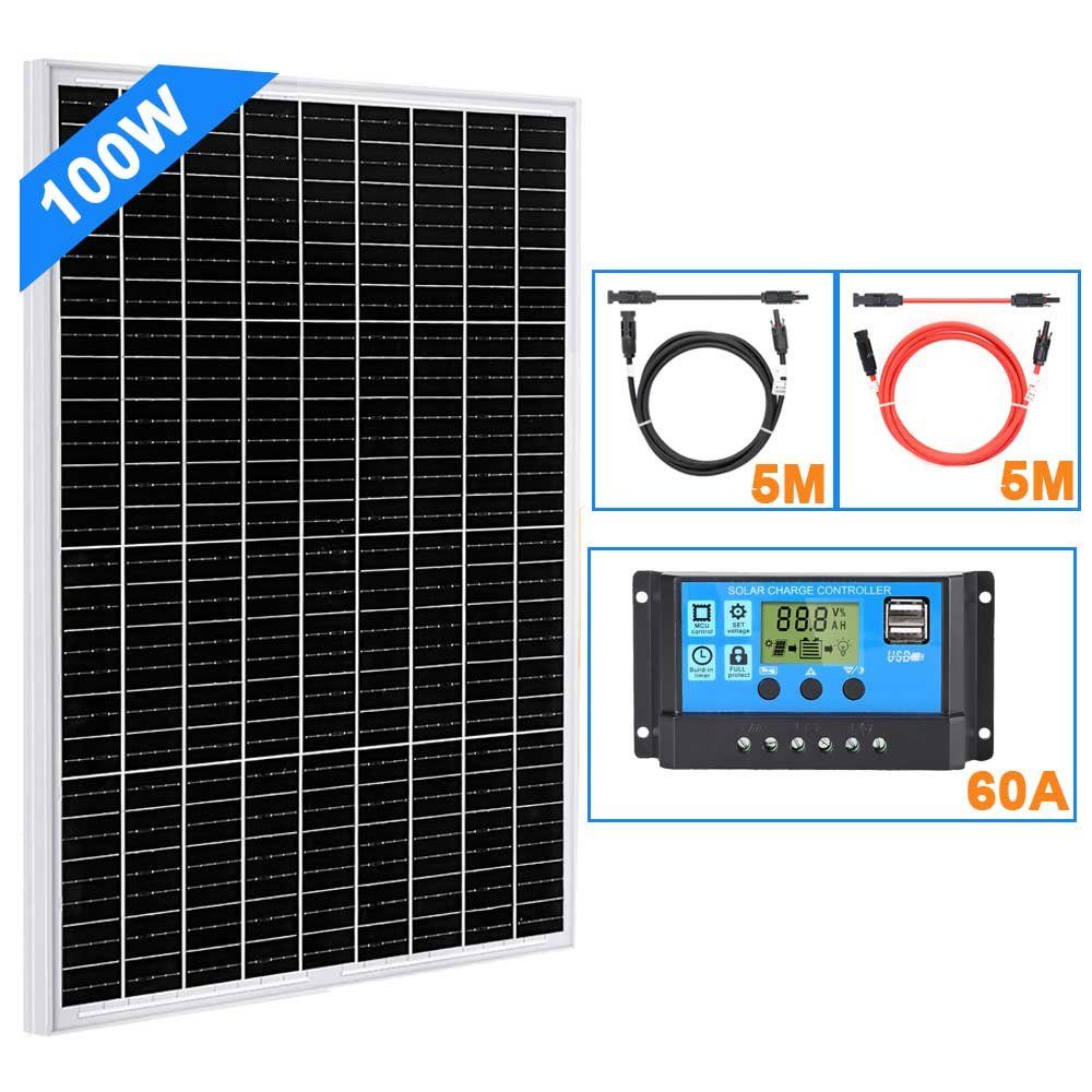 GLIESE Solarmodul 100W Soalrmodul Kit mit 60A Solar Laderegler, 5m 12AWG Solarkabel, 100,00 W, Monokristallin, (Setz, 1 x 100W Soalrmodul, 1 x 60A Solar Laderegler, 1 x 5m 12AWG Solarkabel), Hoher Wirkungsgrad in Kombination mit geringem gewicht