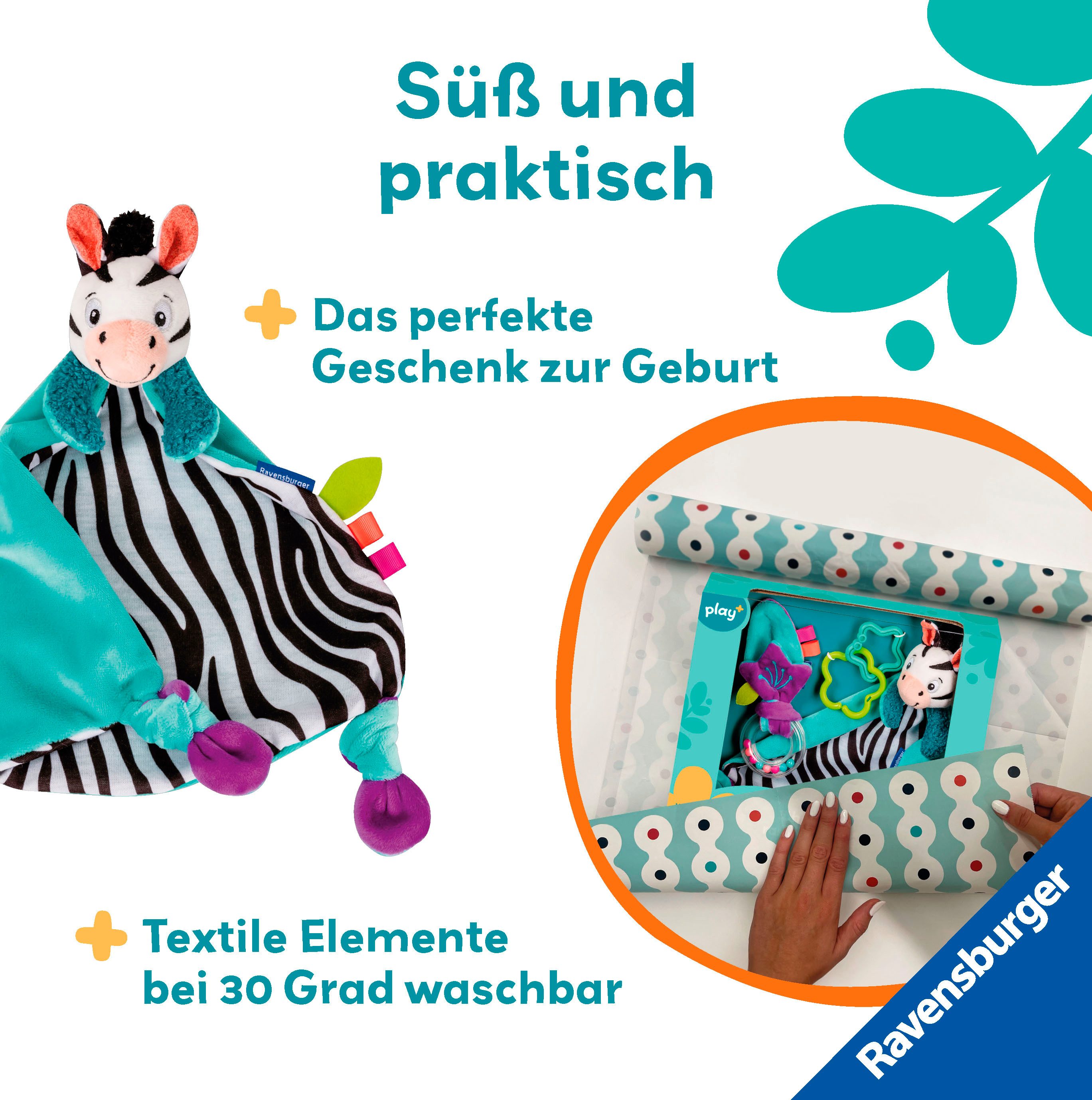 Ravensburger Greifspielzeug Play+ Fühlen, rasseln, spielen (Geschenk-Set: Zebra)