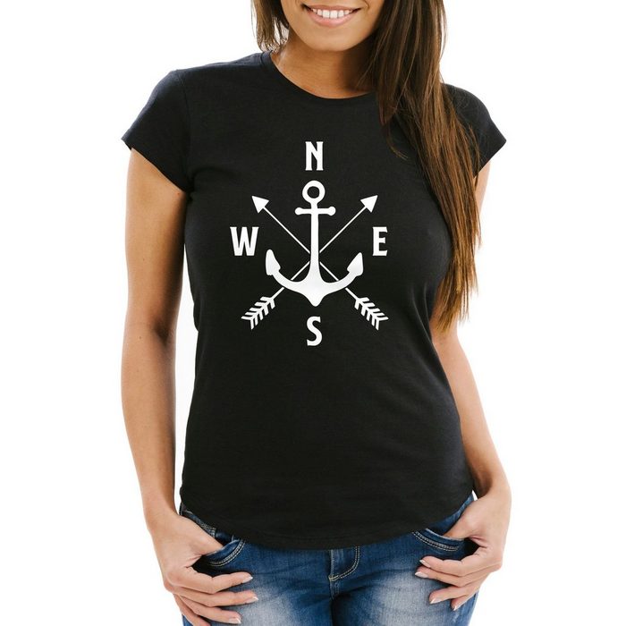 MoonWorks Print-Shirt Cooles Damen T-Shirt Anker Kompass Windrose Arrows Moonworks® mit Print