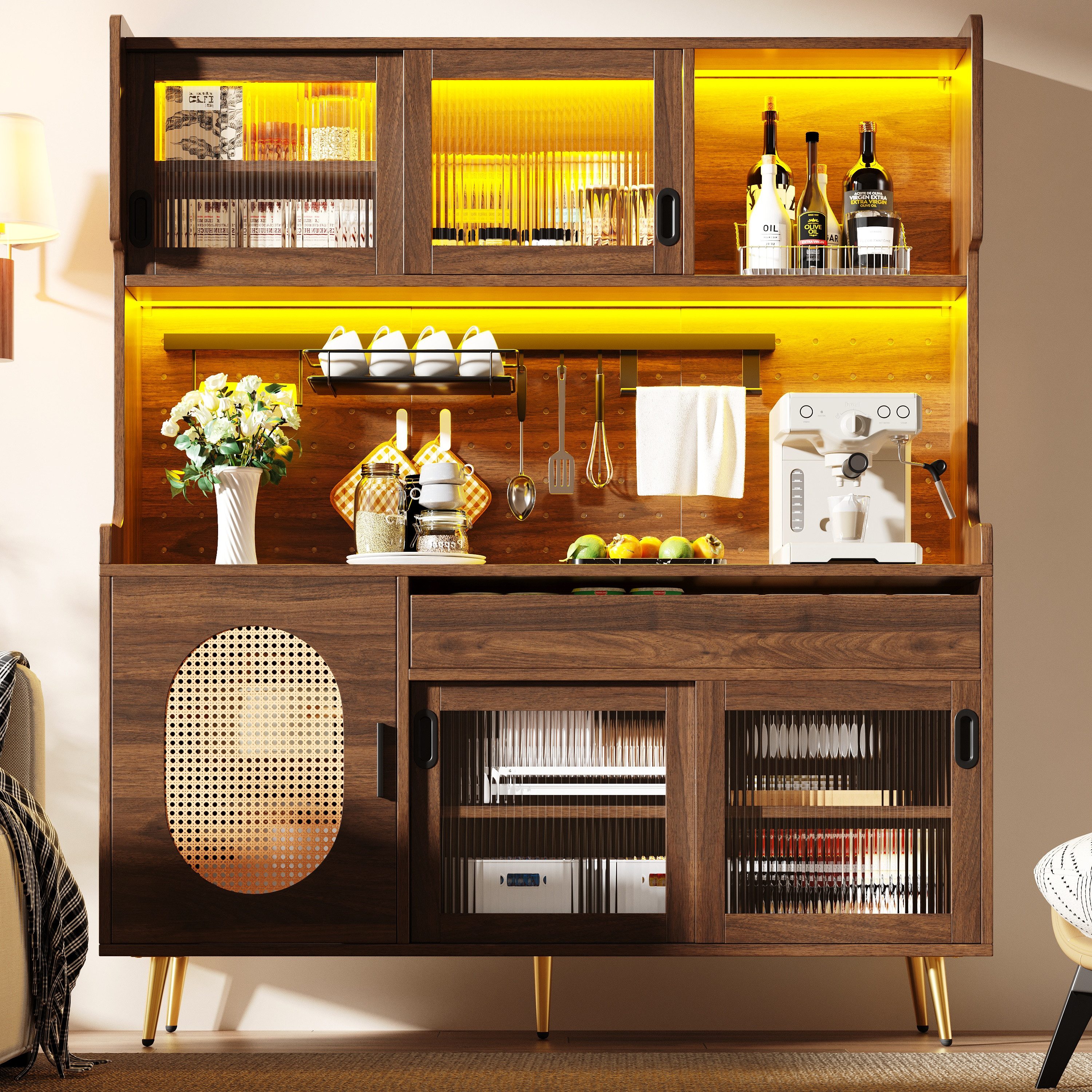 Celya Küchenbuffet Buffetschrank Landhaus mit LED und Lochwand (145x39x171cm, 5 Türen und 1 Schublade) vielseitig einsetzbar in Küche, Esszimmer oder Wohnzimmer