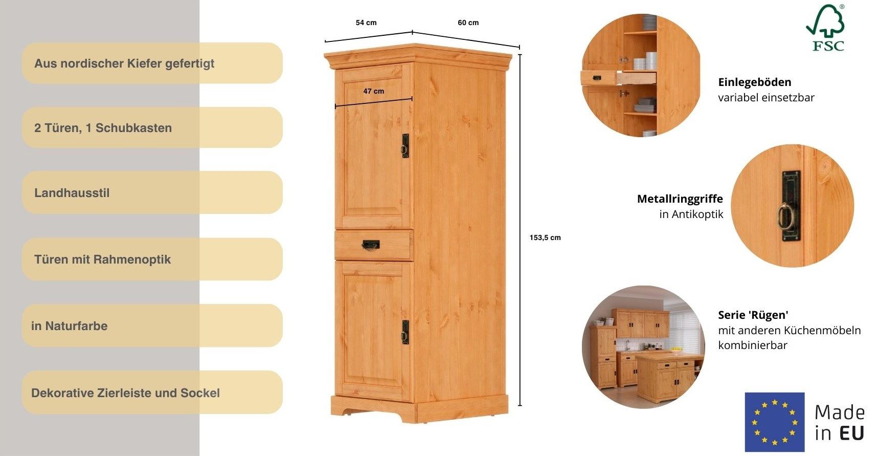 OTTO home Vorratsschrank Rügen Breite 47 cm, Kiefer massiv, 2 Türen, 1 Schubkasten