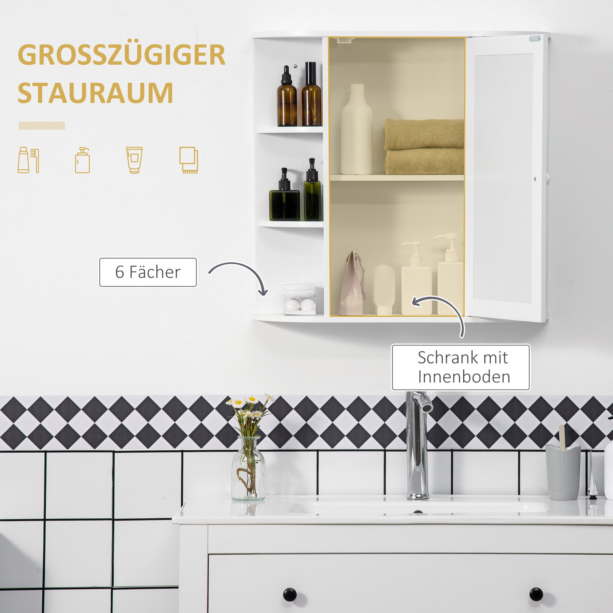 HOMCOM Spiegelschrank Bad Wandschrank mit Spiegeltür, mit offenen Regalböden (Badeschrank, 1-St., Hängeschrank) für Badezimmer Weiß 66 x 17 x 63 cm – Bild 5 von 5