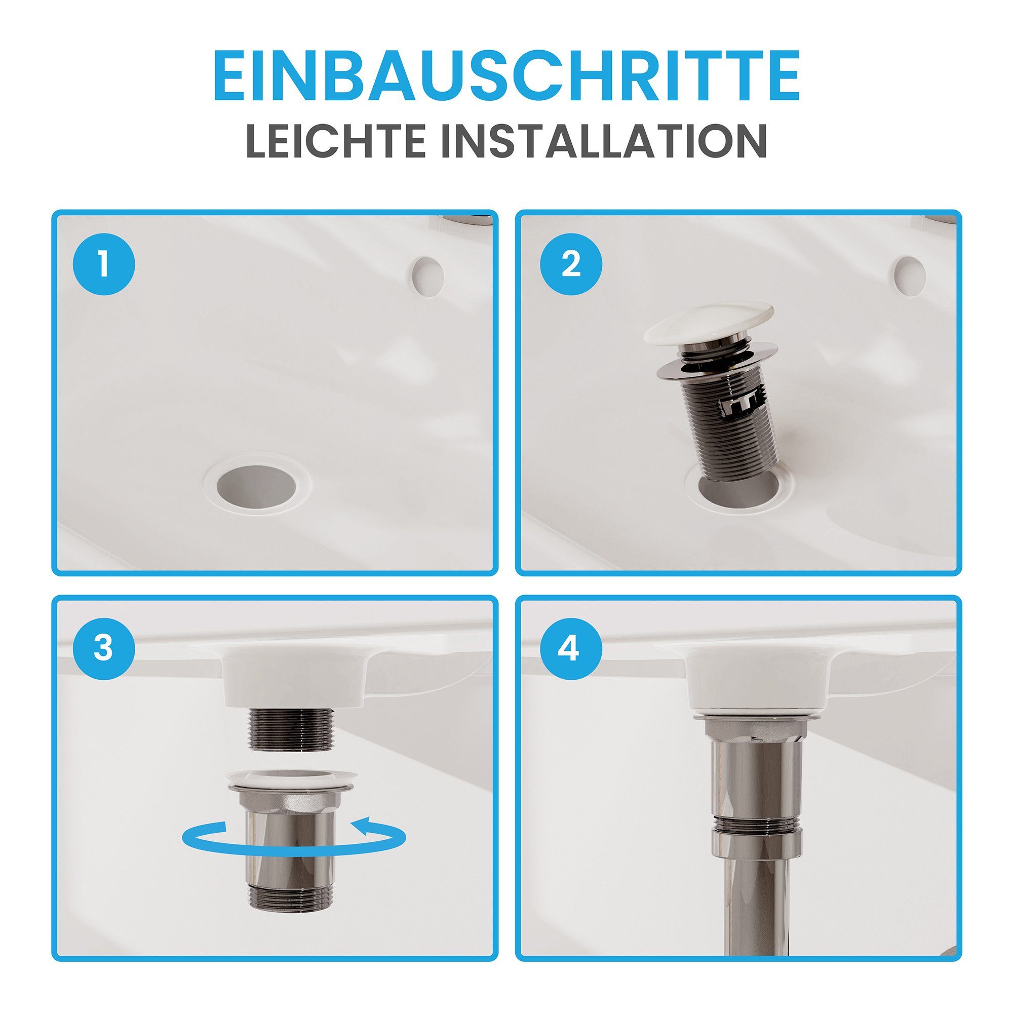 Bächlein Ablaufgarnitur Waschbeckenabfluss Pop Up (Keramik Waschbeckenstöpsel mit Überlauf) Werkzeugloser Einbau - Click Clack Funktion – Bild 4 von 5