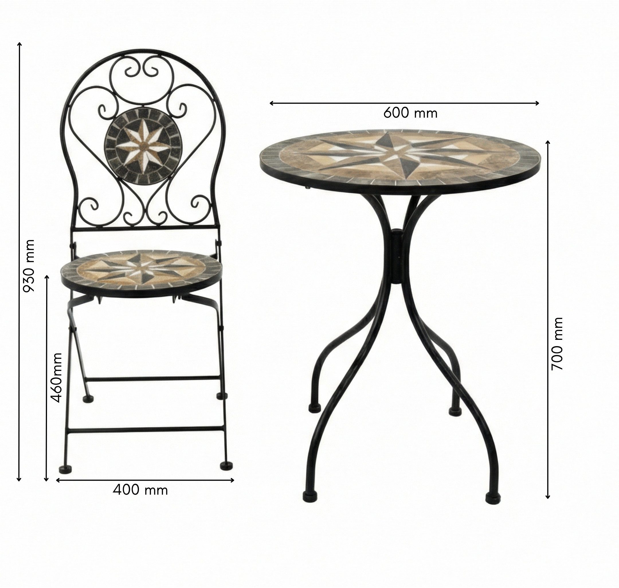 Wohnando Garten-Essgruppe Bistroset "Casper", Metalltisch, Metallmöbel, schwarz, Mosaik-Design, (3-tlg), bestehend aus 2 Stühlen und 1 Tisch, Braun Mix