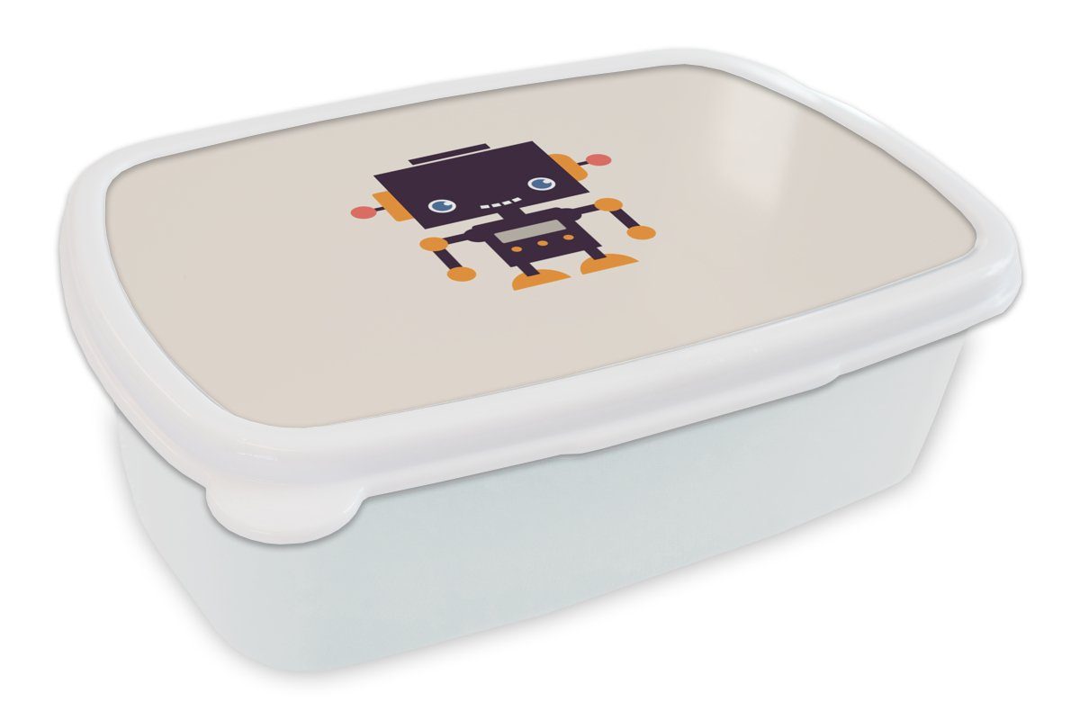 MuchoWow Lunchbox Roboter - Antenne - Orange - Beige - Kind - Kinder, Kunststoff, (2-tlg), Brotbox für Kinder und Erwachsene, Brotdose, für Jungs und Mädchen weiß