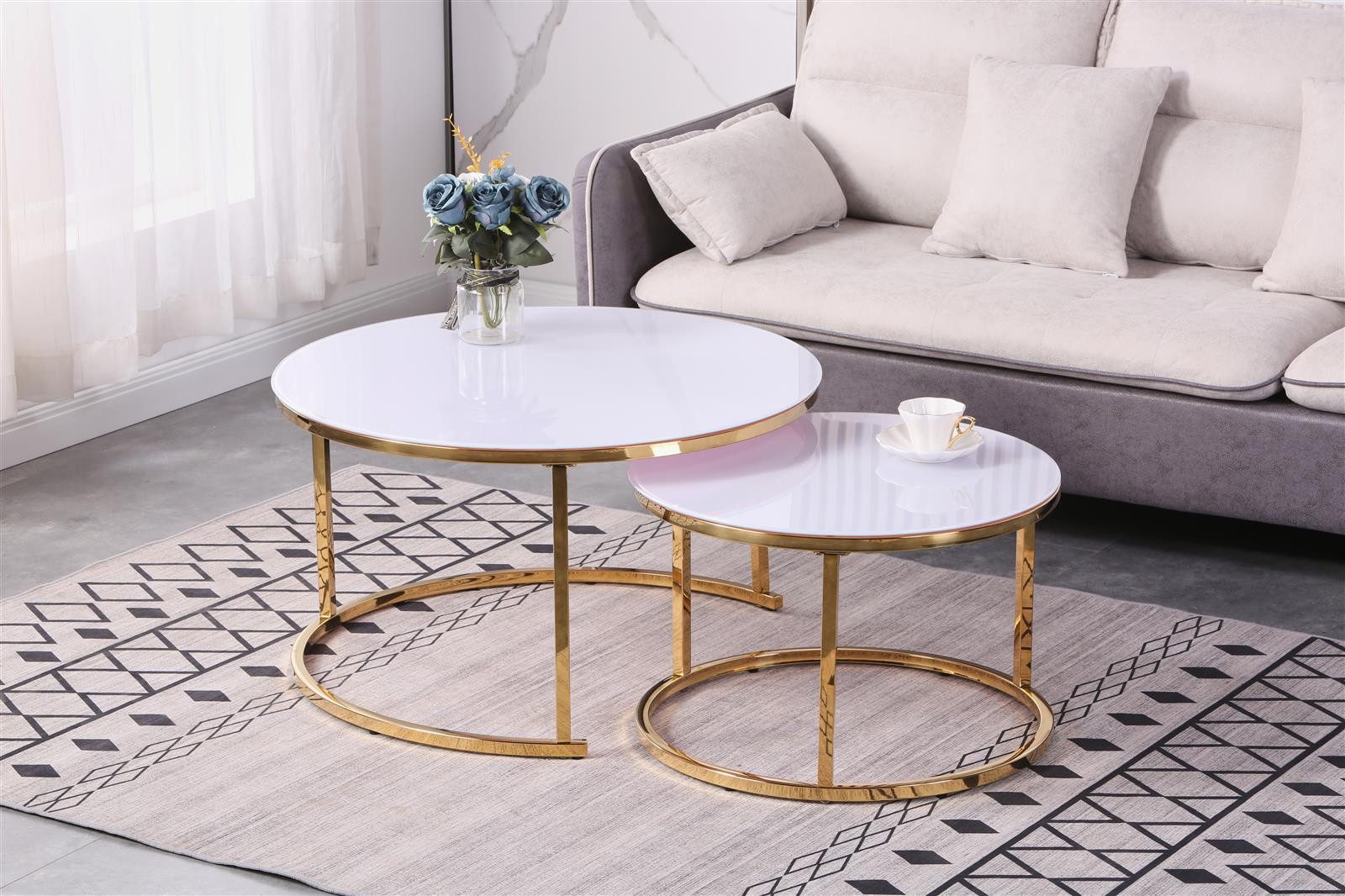 HOOZ Couchtisch Couchitsch 2er Set Rund Gold weiß (Wohnzimmertisch, 2 Tisch günstig online kaufen