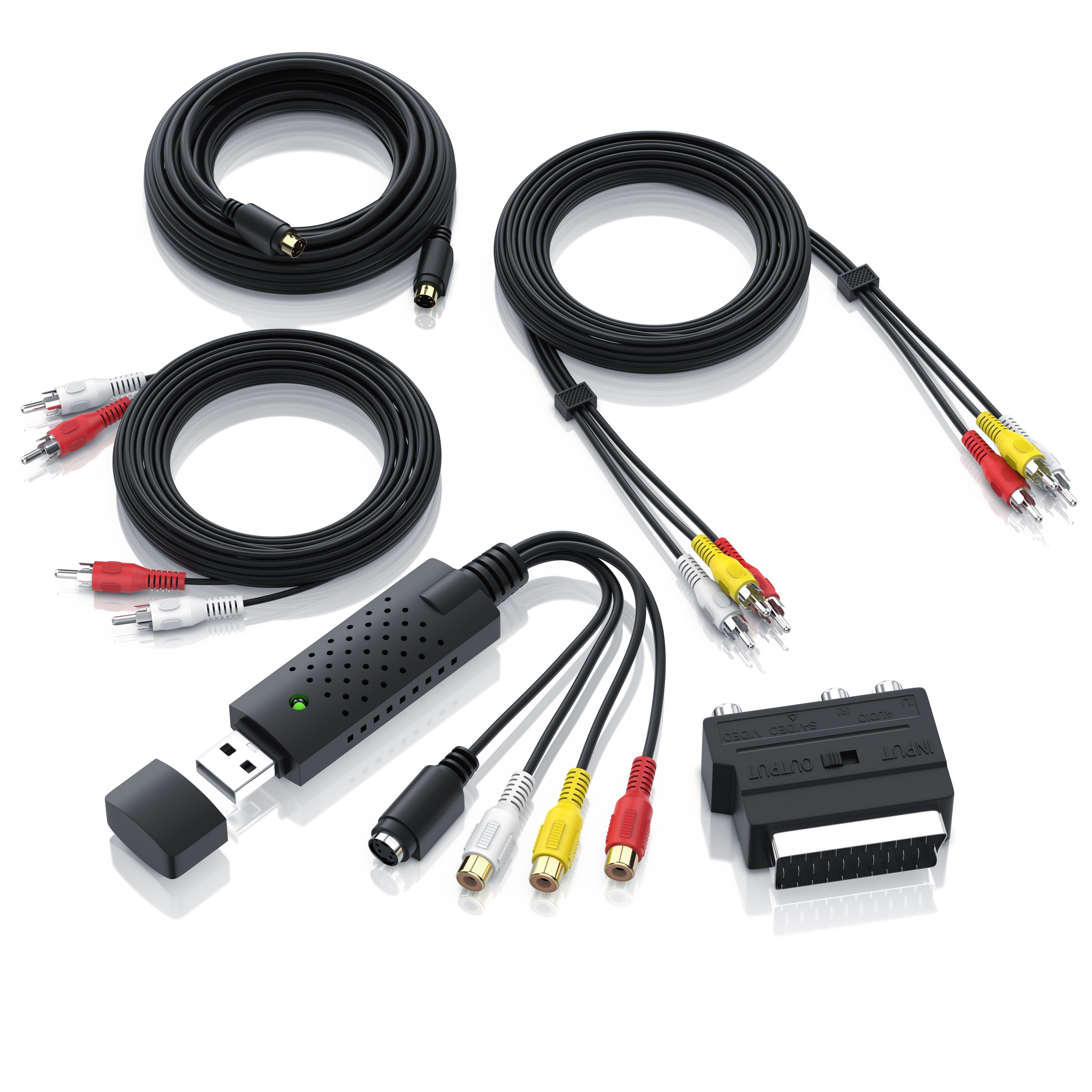 CSL Videograbber USB Scart Adapter Digitalisierer Set Audio- & Video-Adapter Composite CVBS, USB Typ A, Cinch, S-Video zu S-Video Buchse (Mini-DIN 4), USB 2.0 Typ A Stecker, Composite CVBS Buchse, Cinch Buchse, USB Videograbber Audio Video Konverter, PAL NTSC, VHS zu DVD