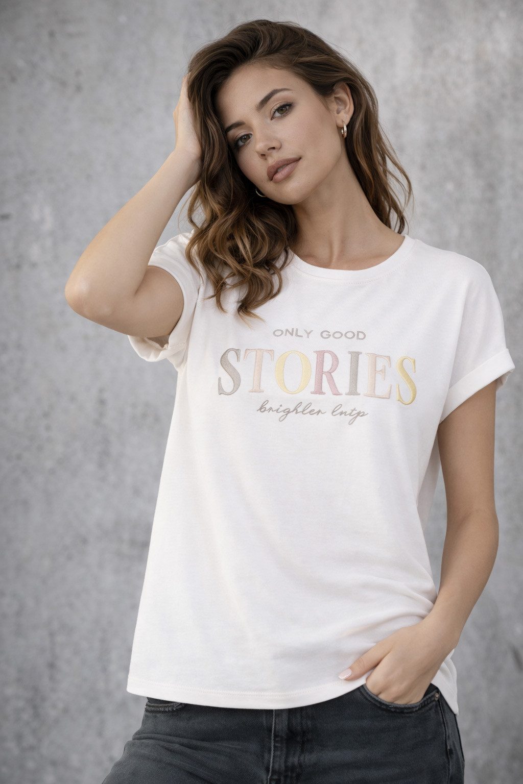 SUBLEVEL T-Shirt Damen Shirt Turn-Up Ärmel Weiches Basic Shirt Rundhals Kurzarm Baunwolle Modal Mix, super soft, unifarben, markenlogo