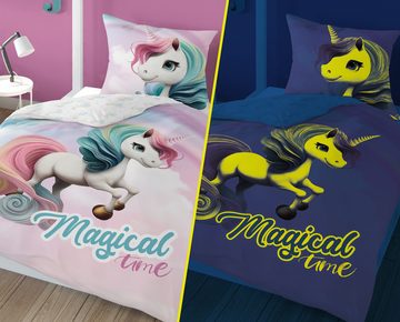 Kinderbettwäsche Set süßes Magic Einhorn leuchtend im dunkeln, 140x200+70x80 Baumwolle, Häßler Homefashion, Baumwolle, 2 teilig