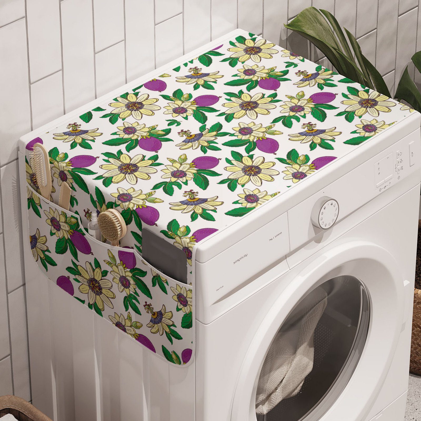 Abakuhaus Badorganizer Anti-Rutsch-Stoffabdeckung für Waschmaschine und Trockner, Tropisch Maracuja Blumen und Früchte