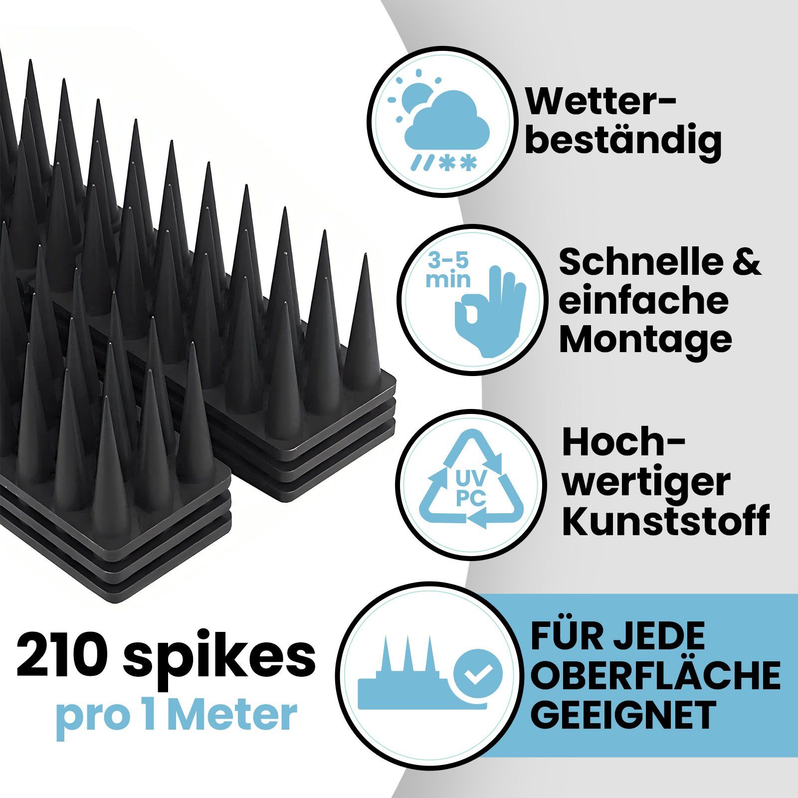 KONZEPT Taubenspikes Taubenabwehr Spikes Vogel, Katzen - für Balkon, Zaun - aus Kunststoff, 3-St., Gesamtlänge: 1,5 Meter, UV-beständig