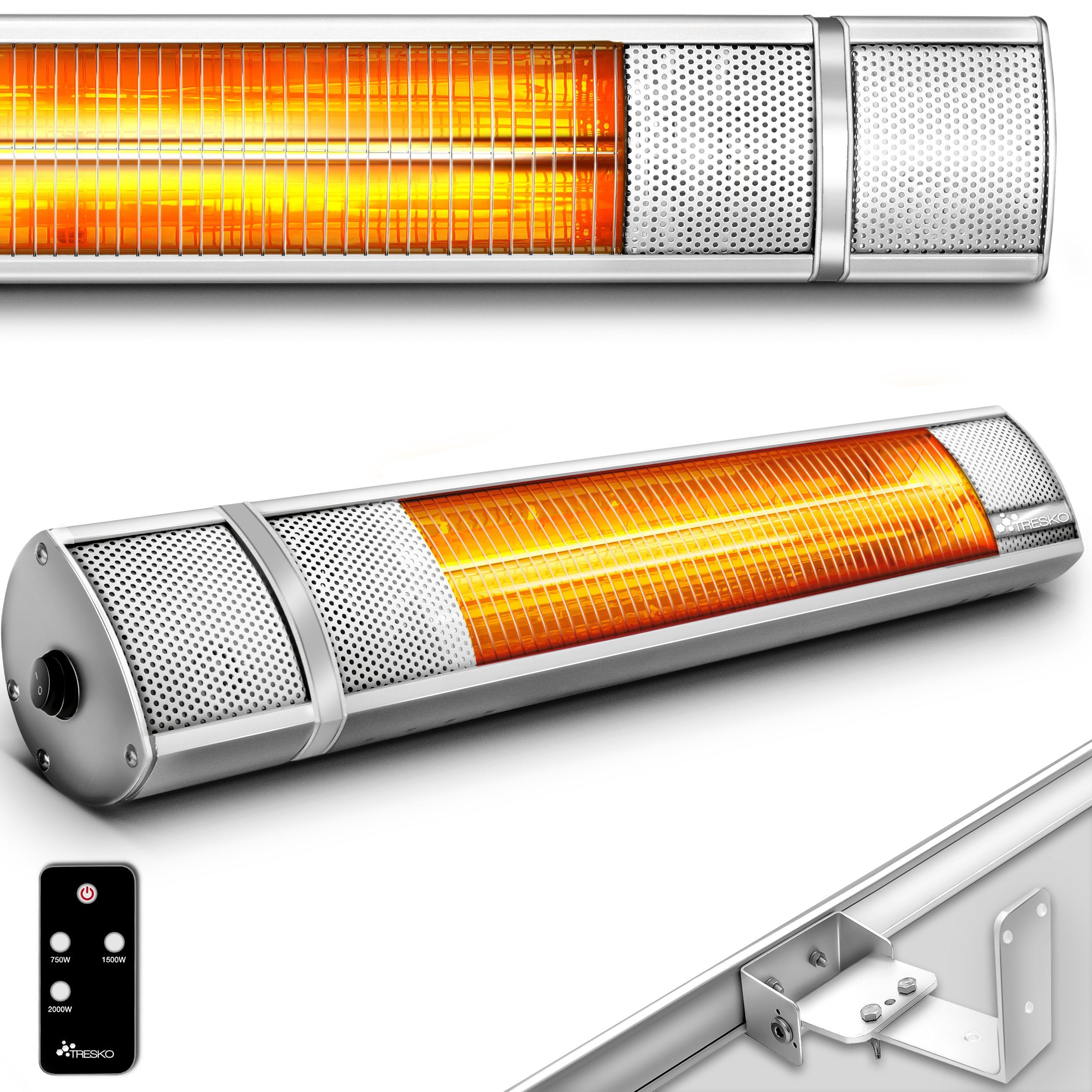 Heizstufen mit Infrarot Innen Fernbedienung 2000W Wand-Heizstrahler TRESKO Terrasse mit 3 Wärmestrahler Silber Heizstrahler Außen & Terrassenstrahler elektrisch,