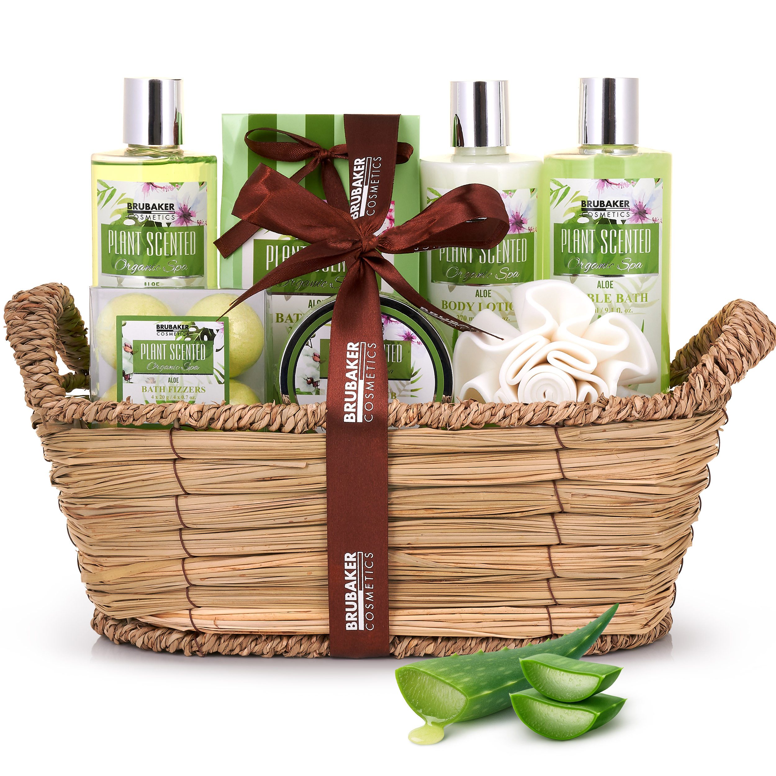 BRUBAKER Pflege-Geschenkset Dusch- und Badeset mit Aloe Vera Duft, 11-tlg., Damen Geschenk Set im Flechtkorb, Frauen Pflegeset, Beauty Geschenkset
