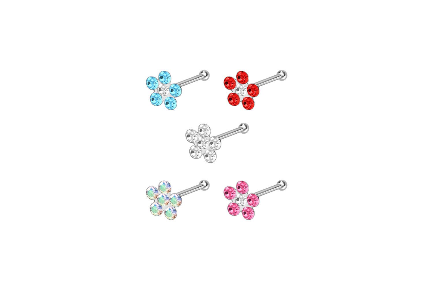 PIERCINGLINE Nasenpiercing SET 925er Silber Nasenstecker Pin KRISTALLBLUME (Nasenstecker, 5er SET1 = HB/HR/KK/RB/RS)
